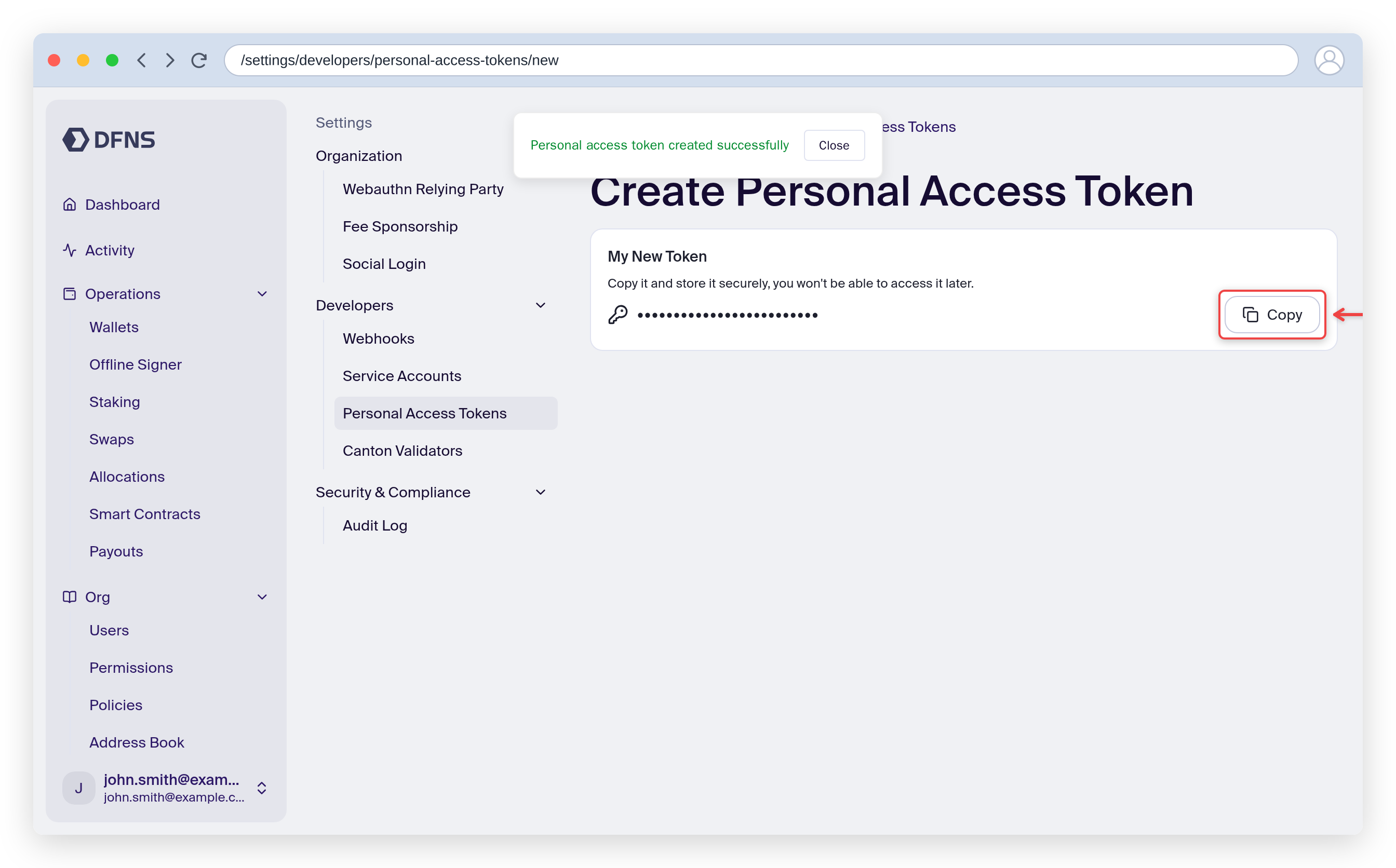 Personal access token creation showing the one-time token with a Copy button