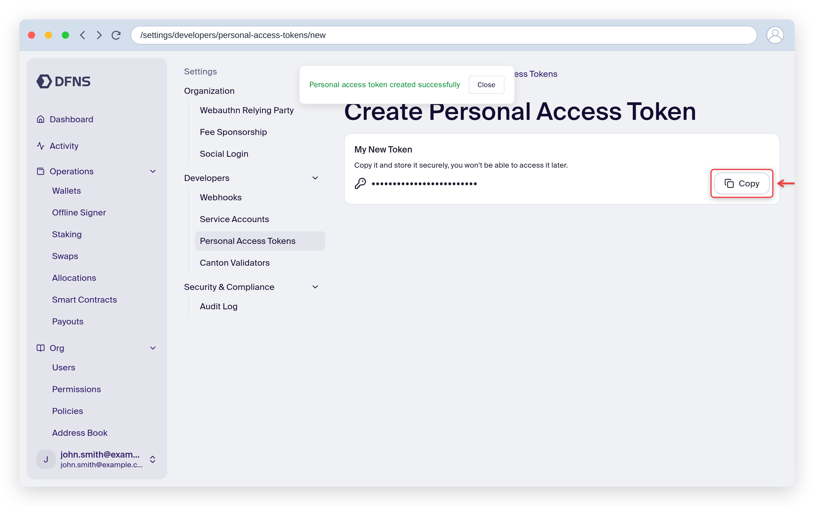 Personal access token creation showing the one-time token with a Copy button