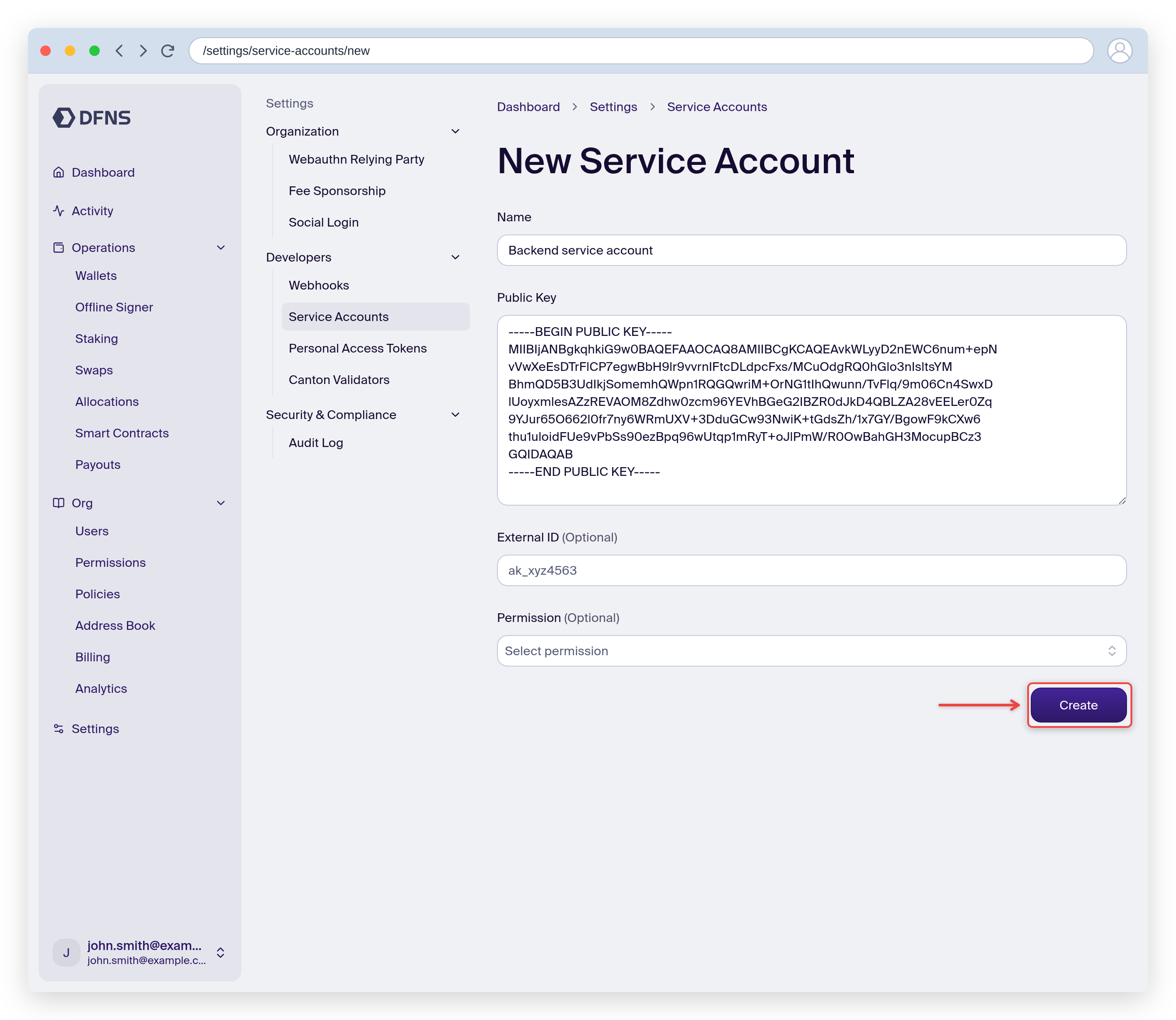 New service account form with a name and public key, Create button highlighted