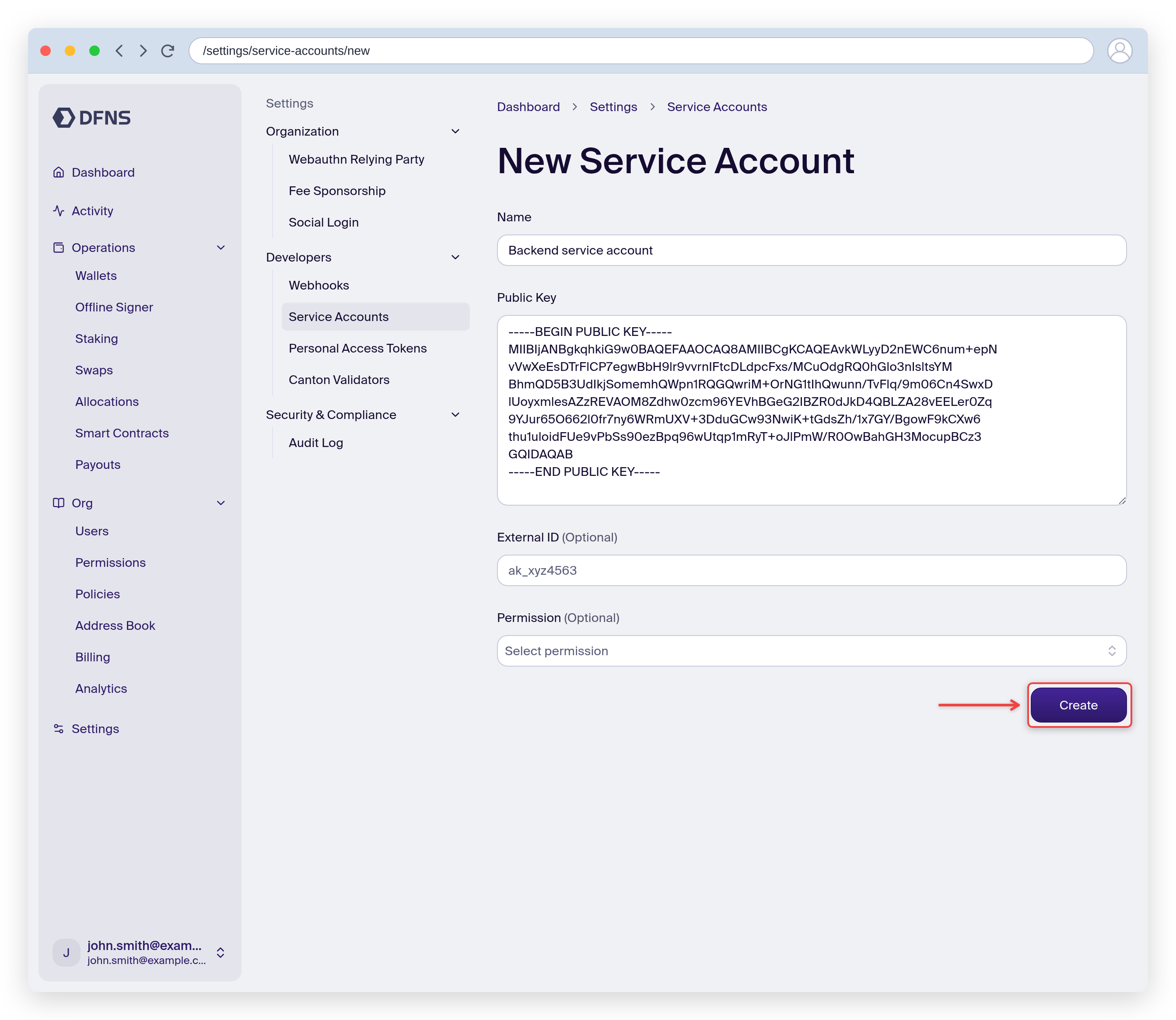 New service account form with a name and public key, Create button highlighted