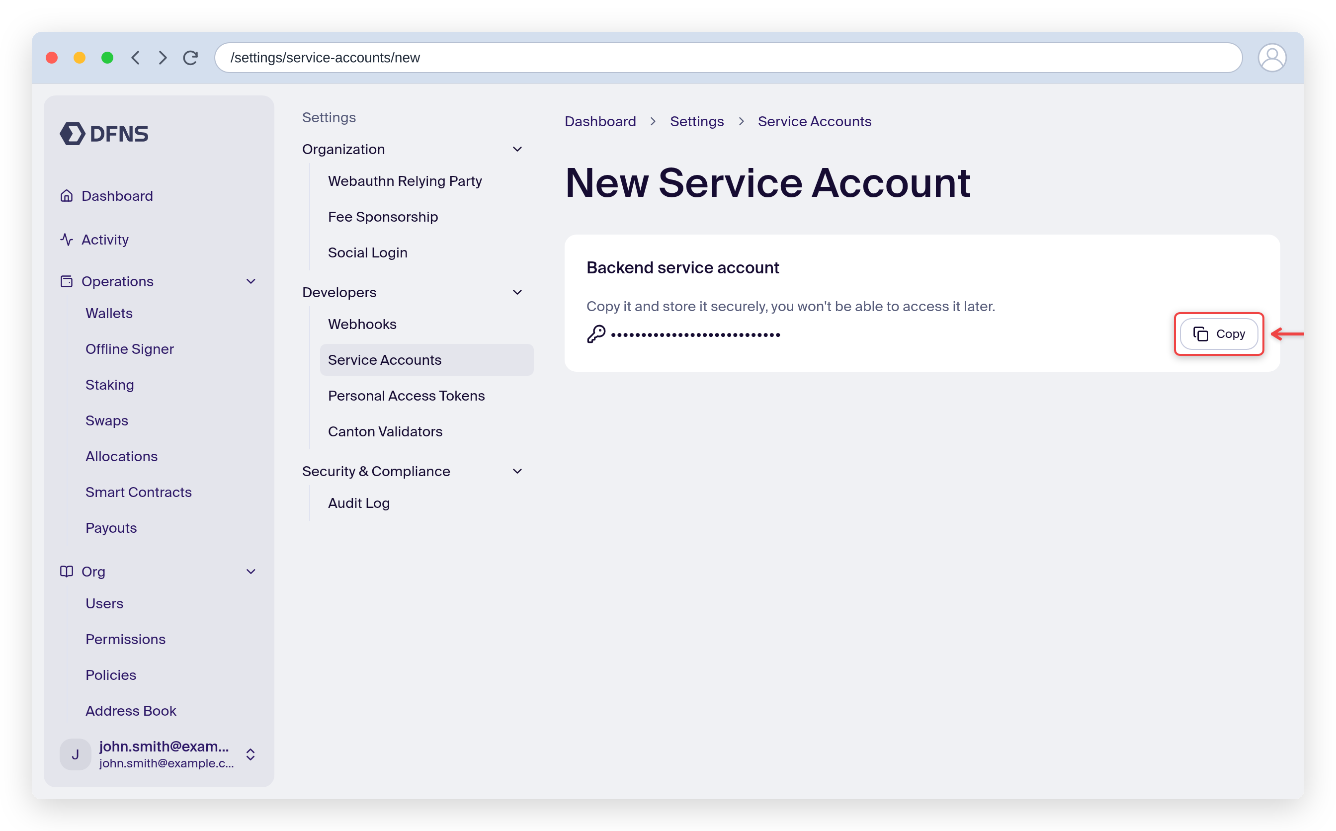 Service account creation showing the masked authentication token with a Copy button