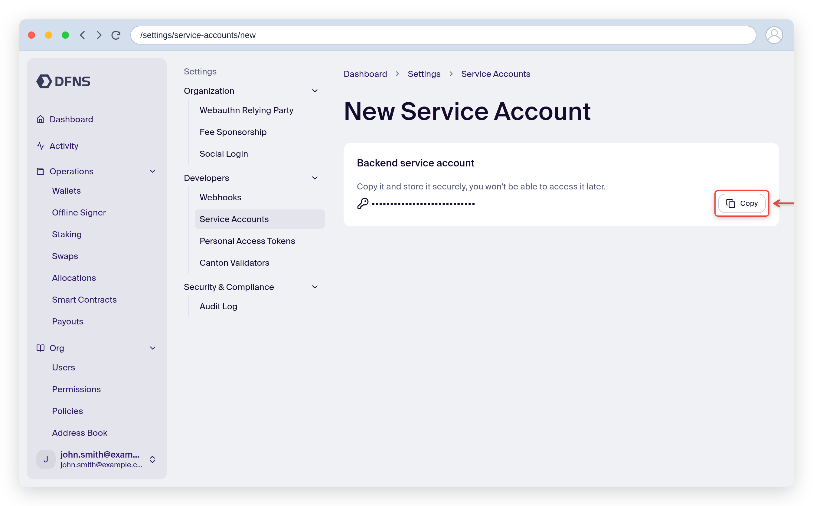 Service account creation showing the masked authentication token with a Copy button