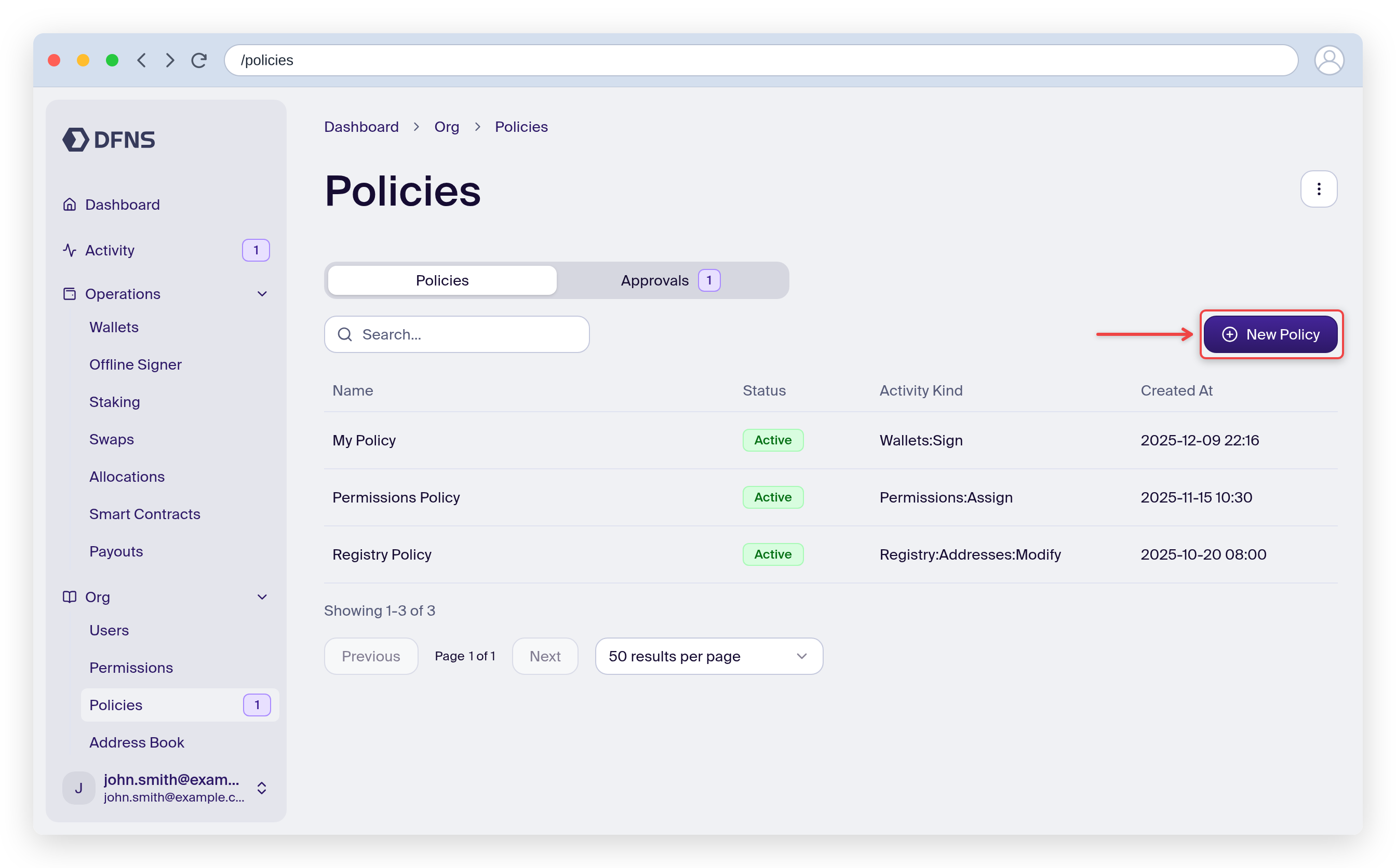 Policies page with the Create Policy button highlighted