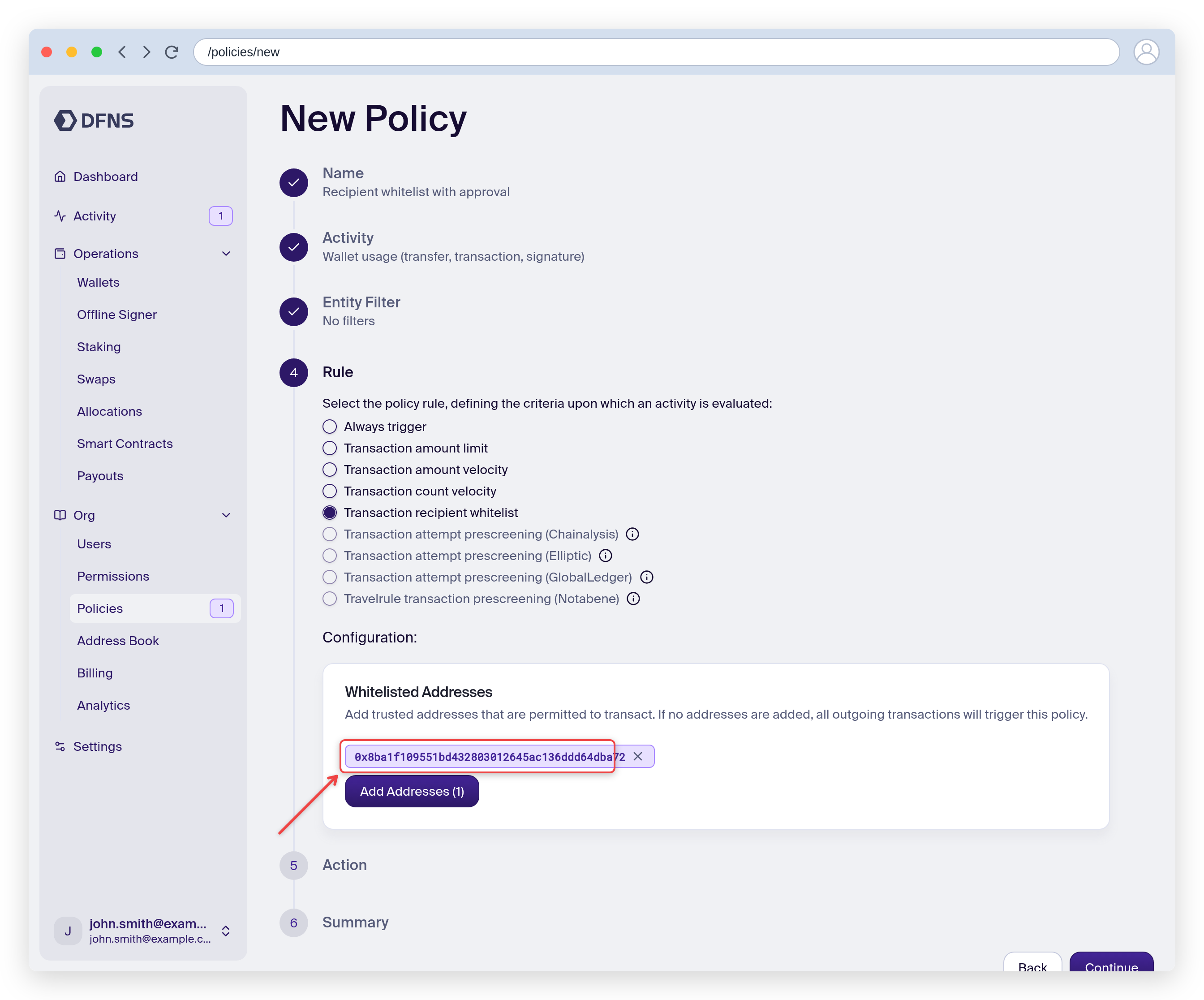 Policy wizard Rule step with a whitelisted address configured
