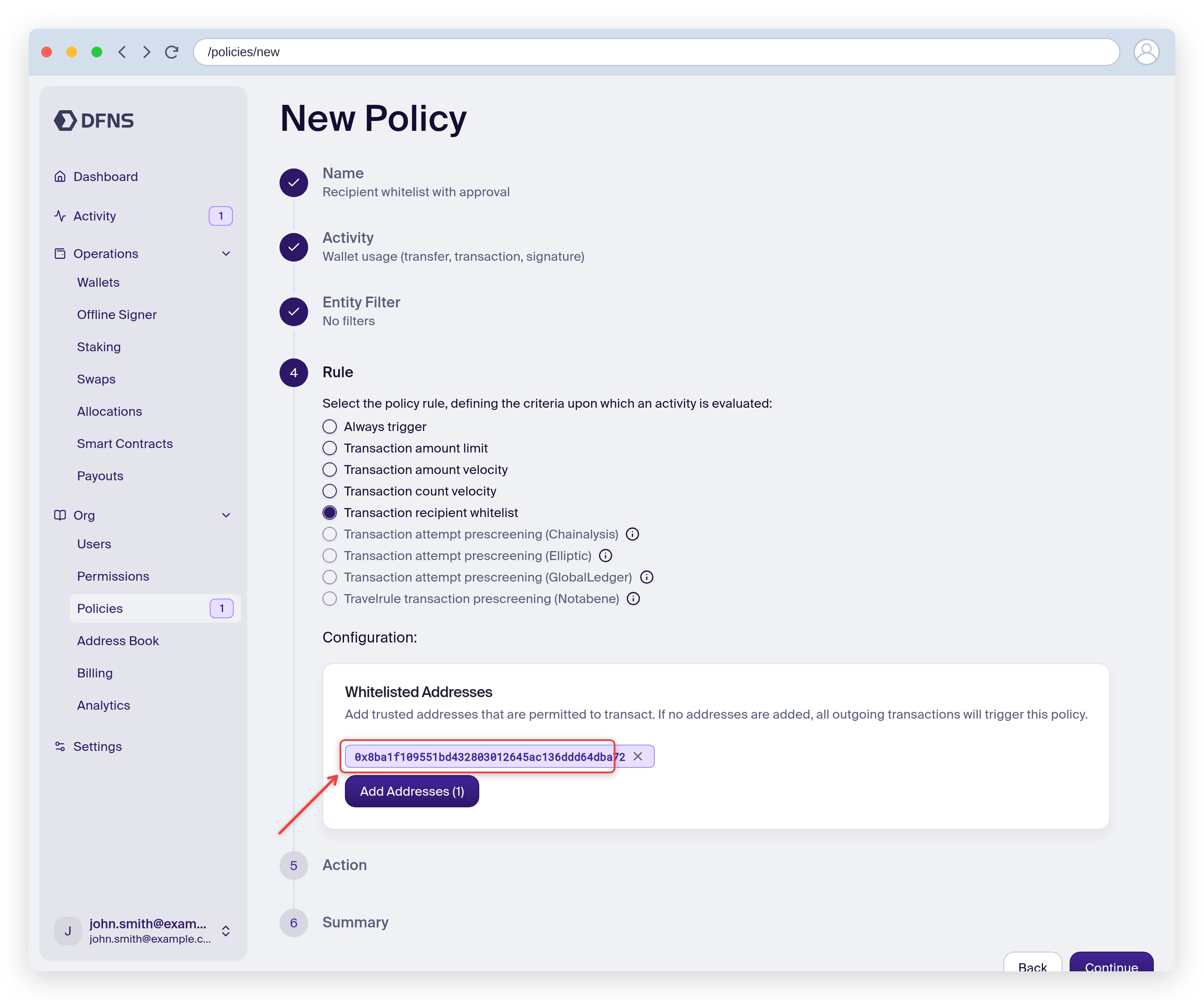 Policy wizard Rule step with a whitelisted address configured
