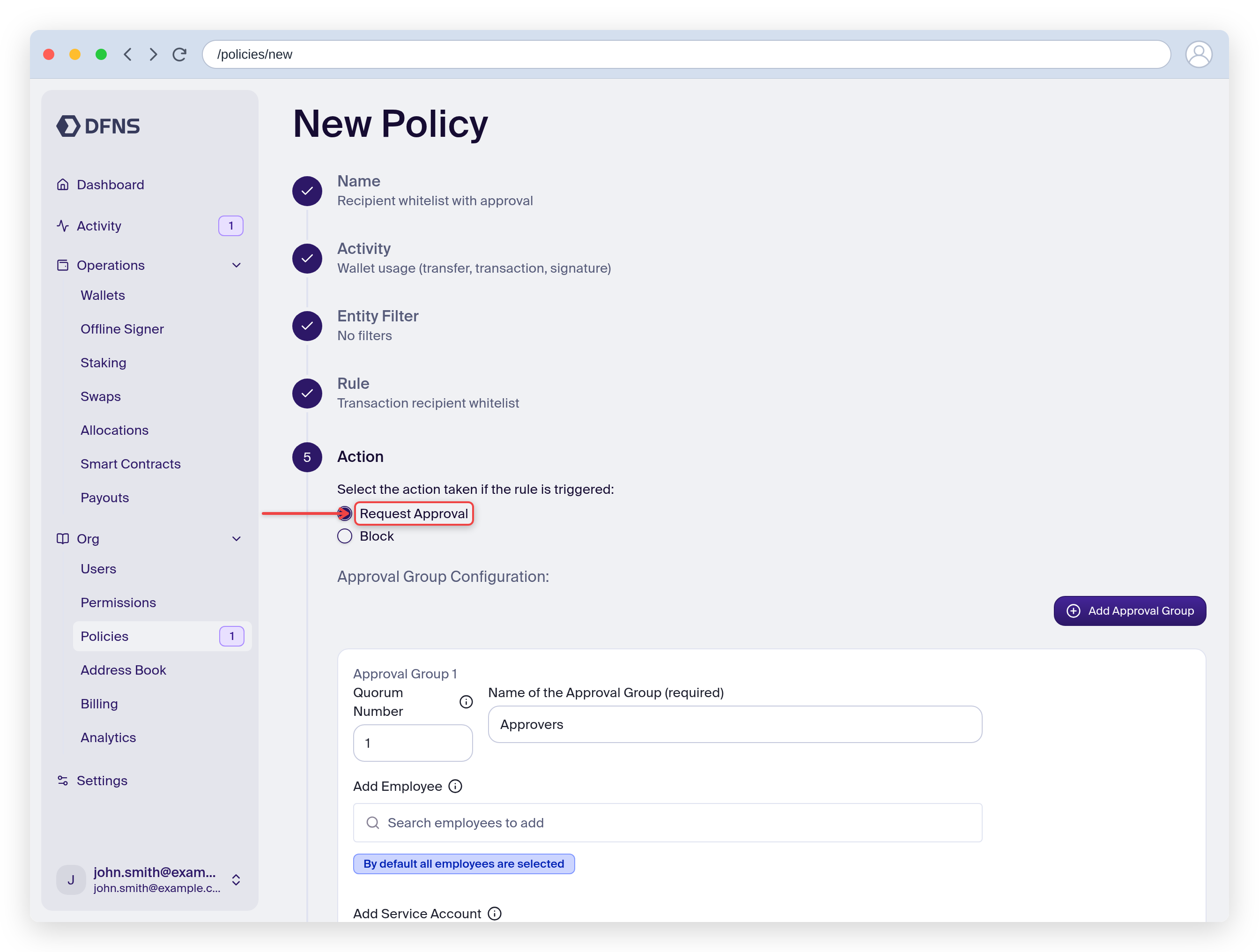 Policy wizard Action step with Request Approval and an approval group