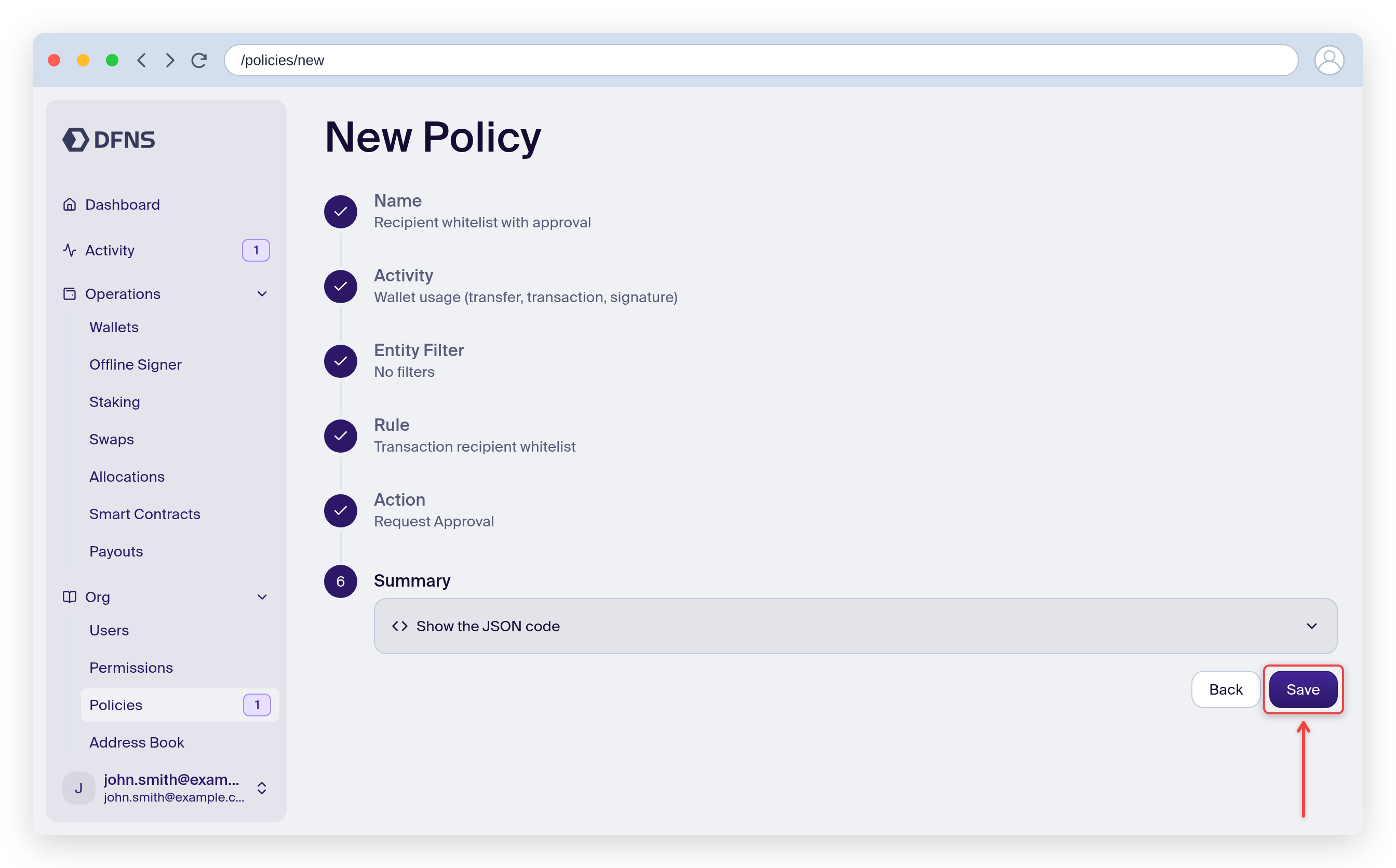 Policy wizard Summary step with the Save button highlighted