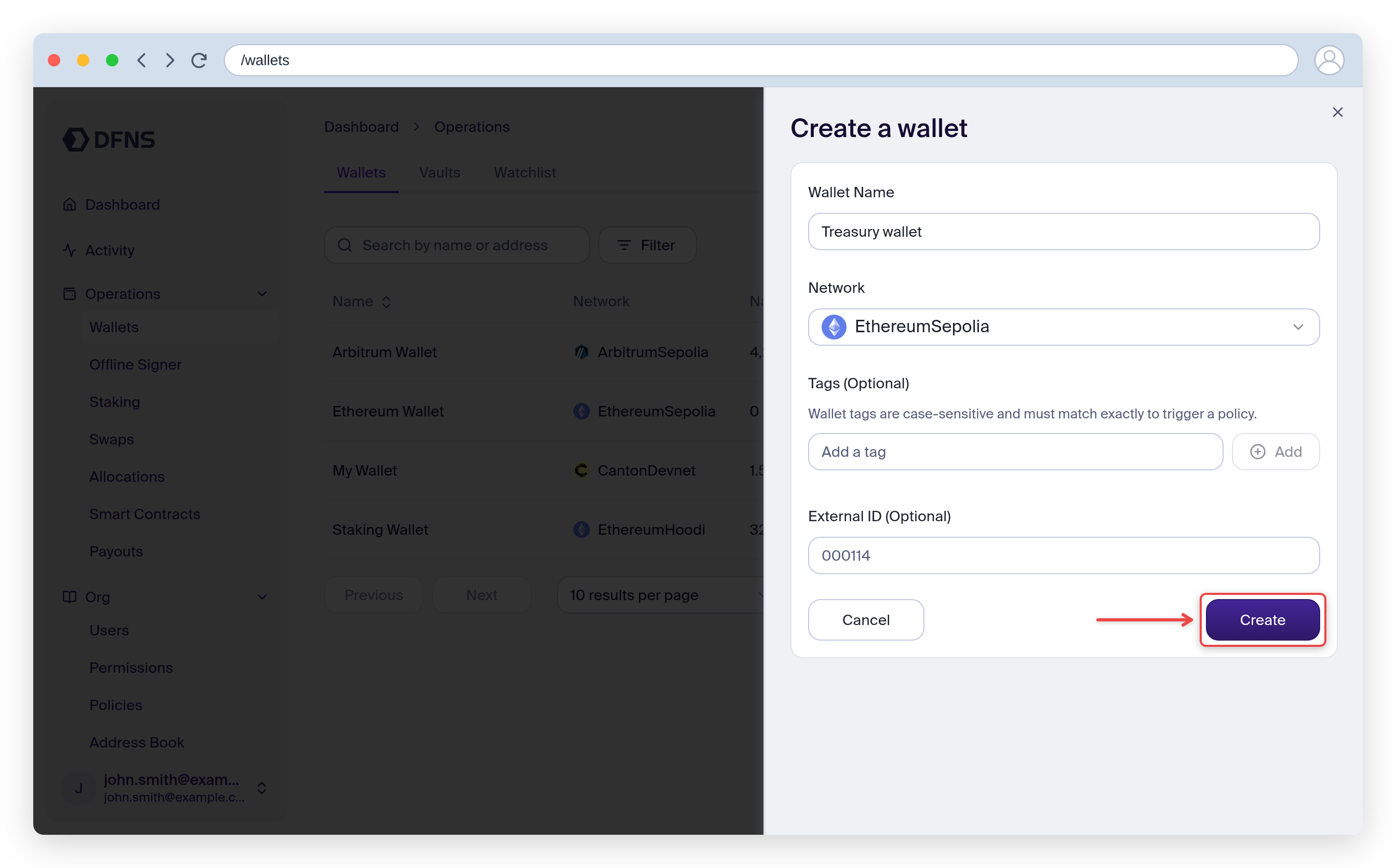 Create a wallet panel with a name, network selector and the Create button