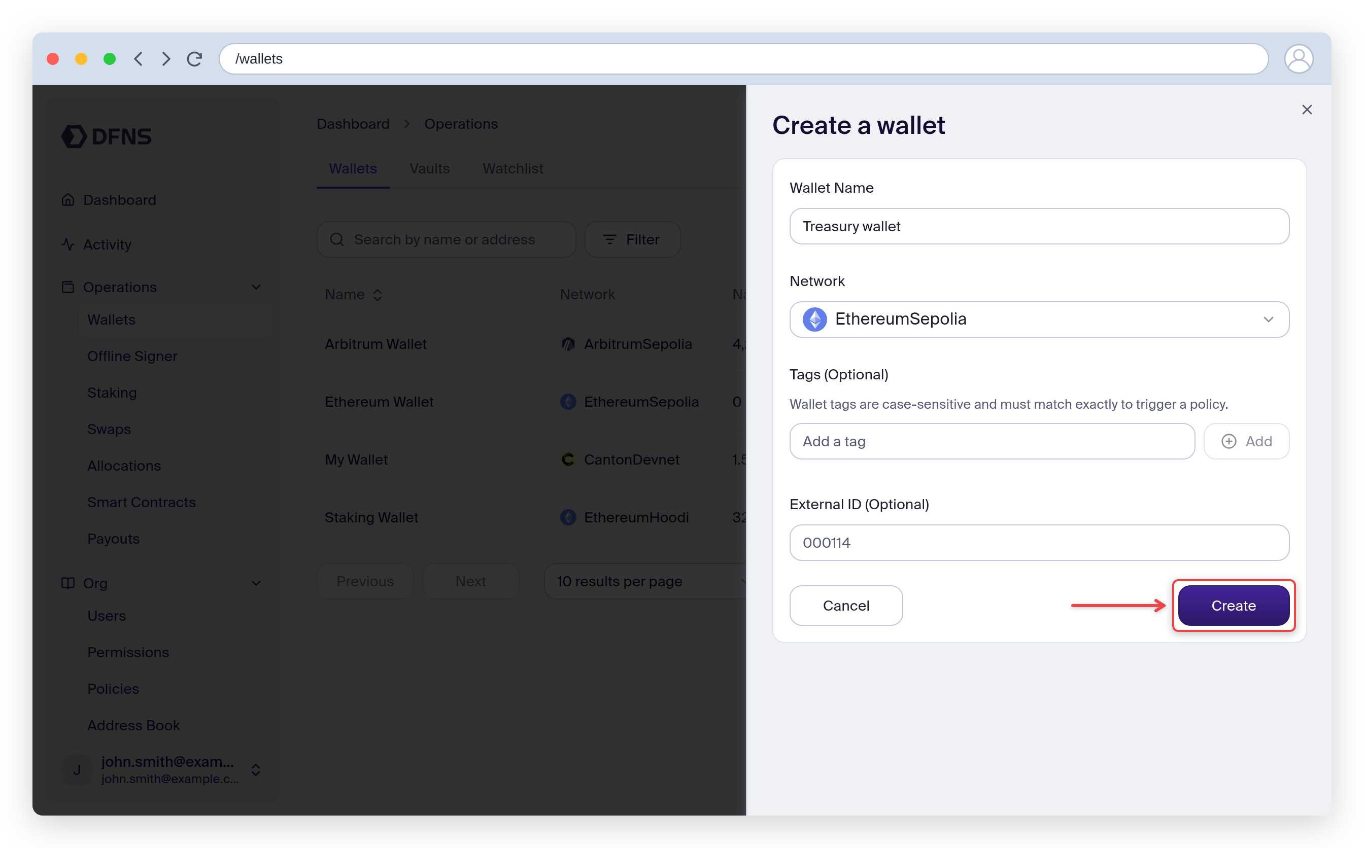 Create a wallet panel with a name, network selector and the Create button