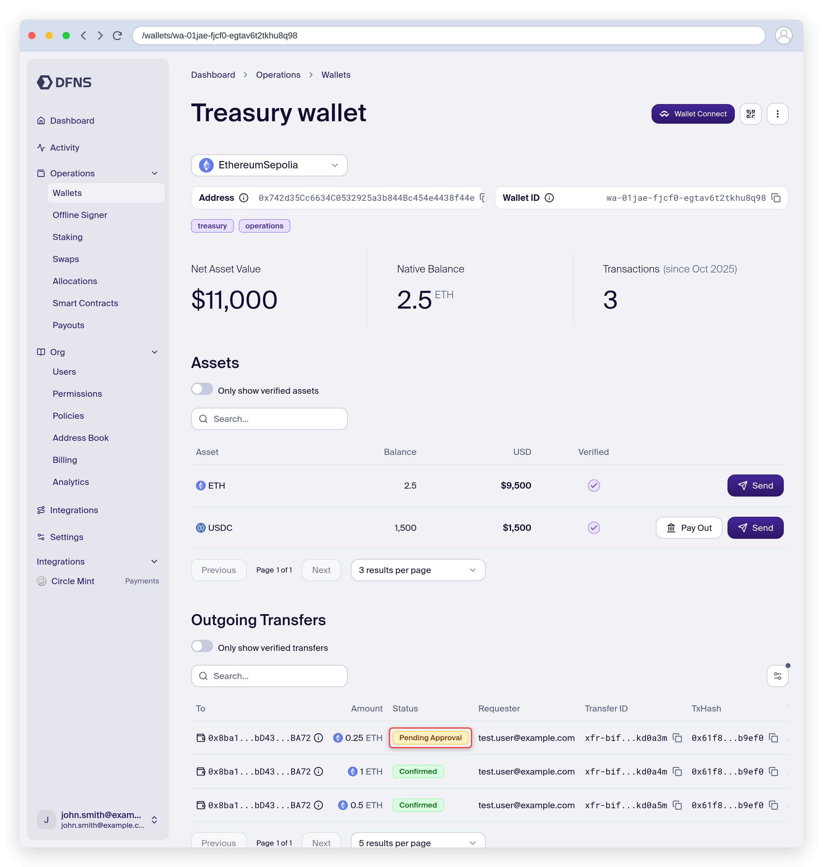 Wallet detail page showing assets, balances and transfers