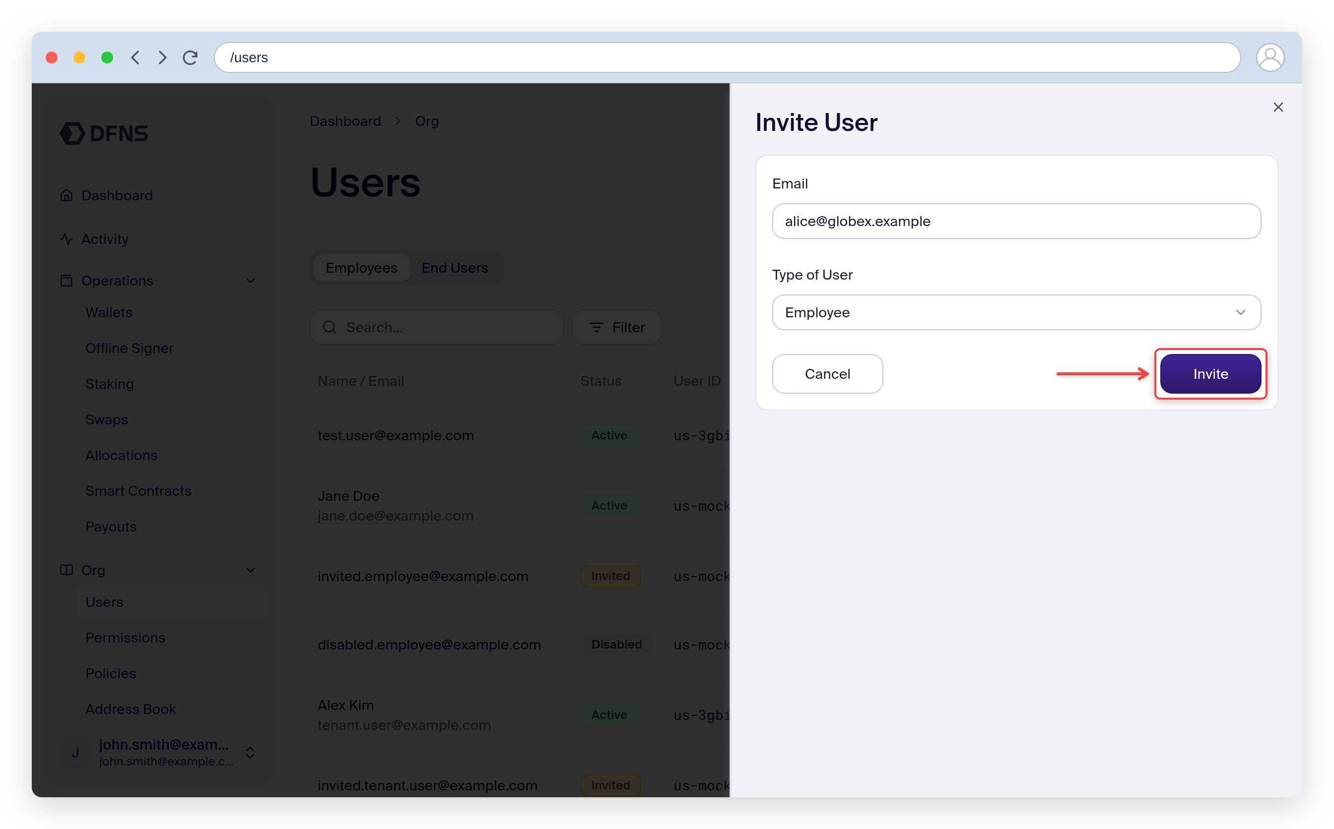 New User invite form with the email field and Create button
