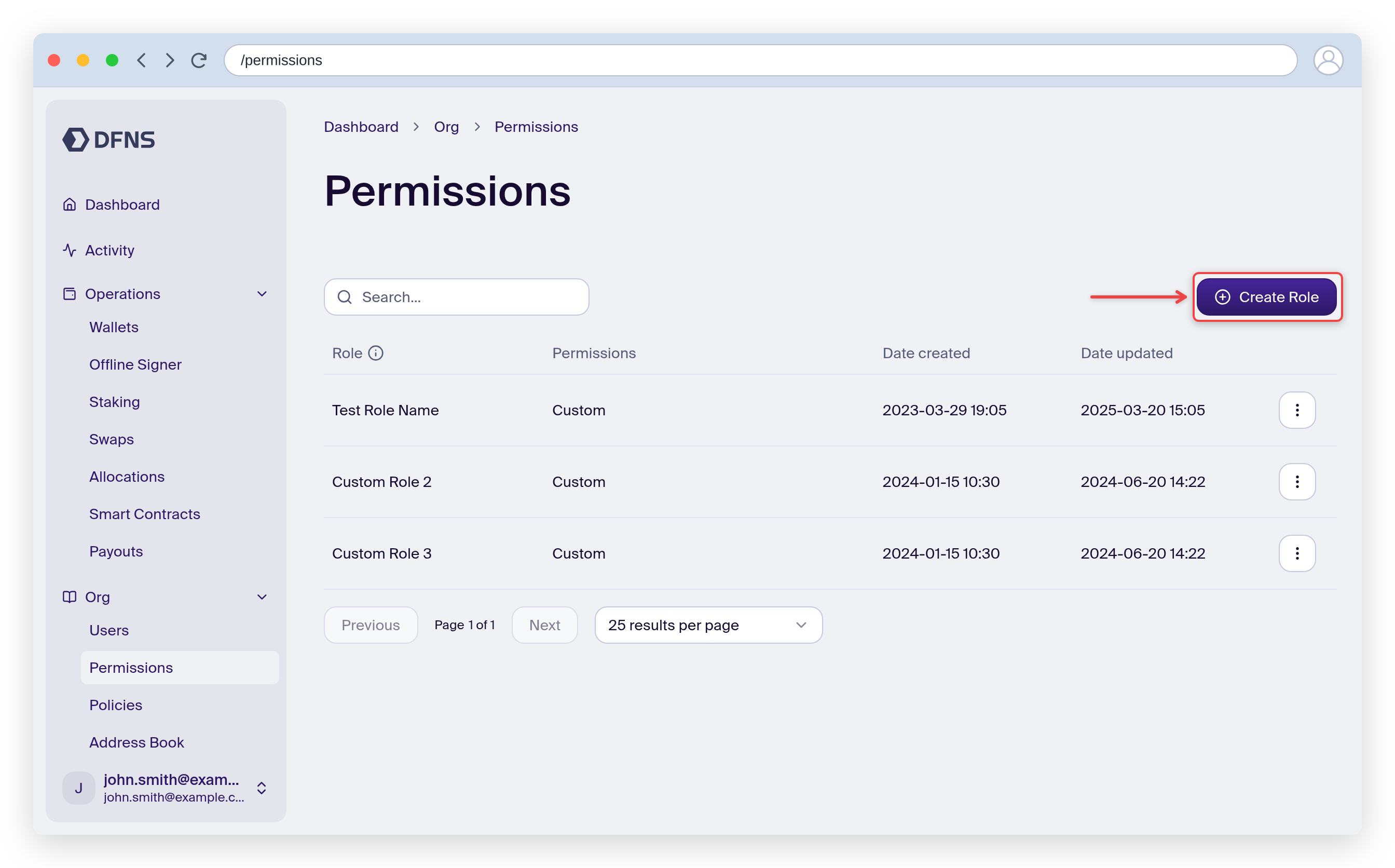 Permissions page with the Create Role button highlighted