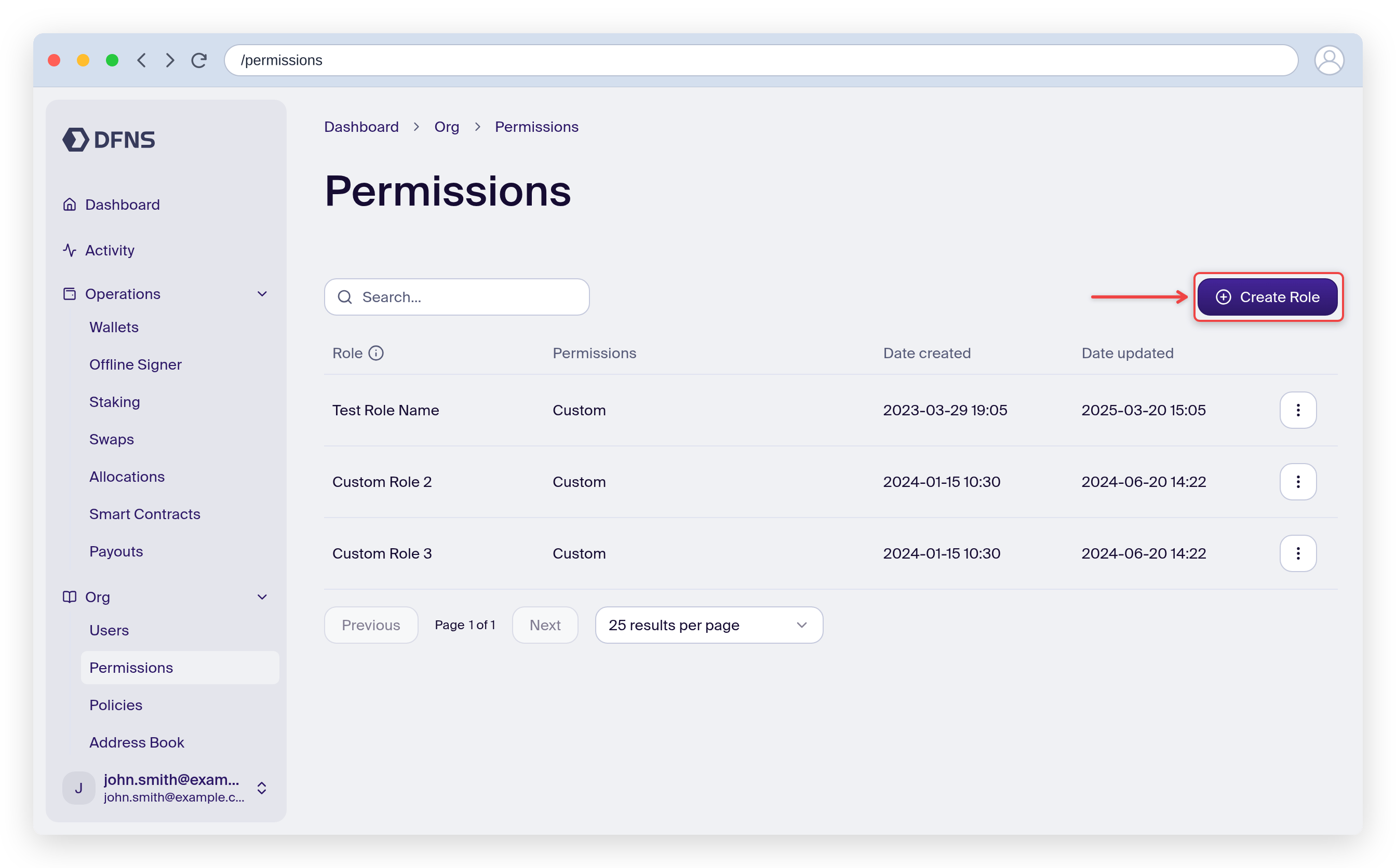 Permissions page with the Create Role button highlighted