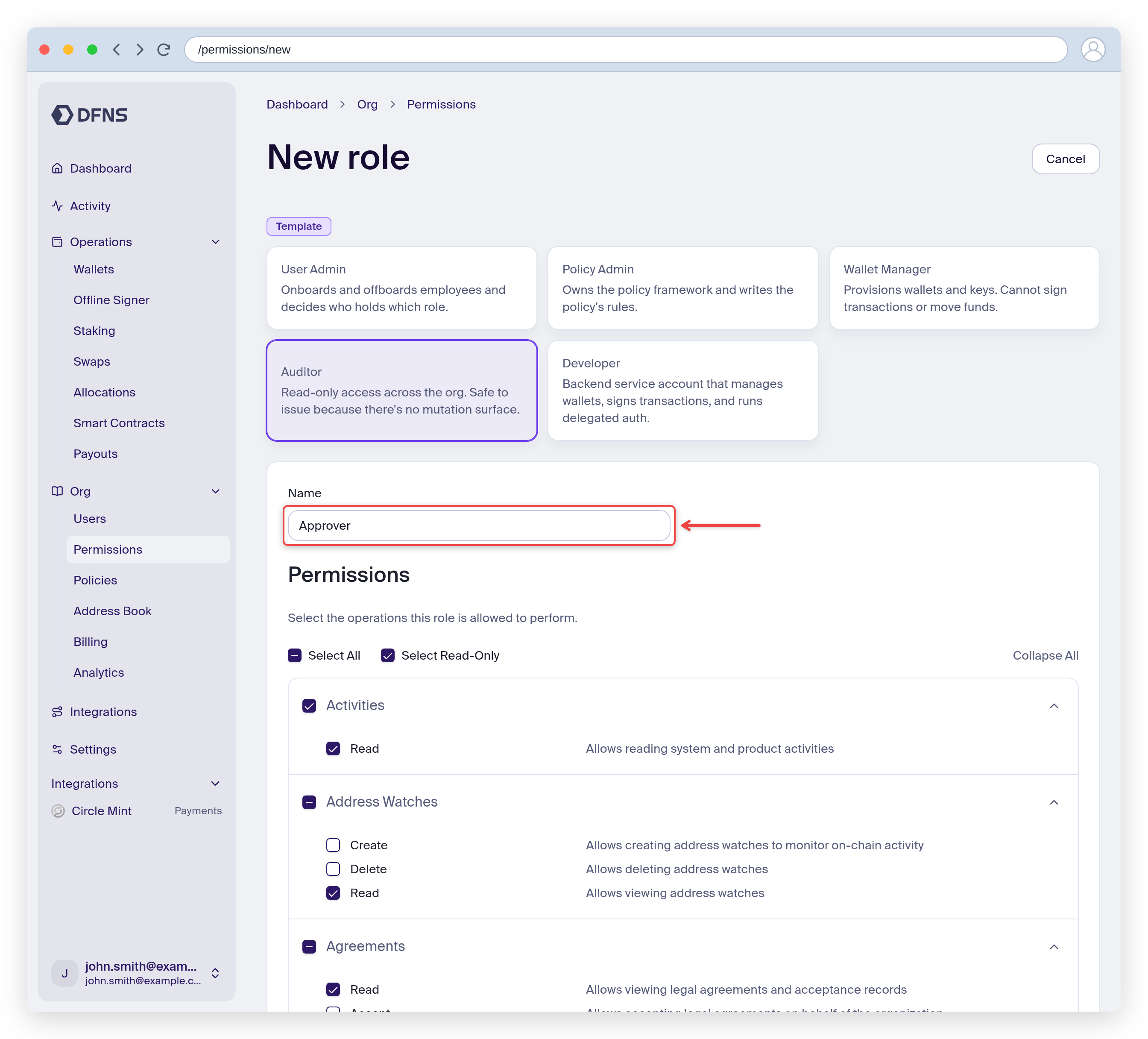 New role form named Approver with read-only permissions selected