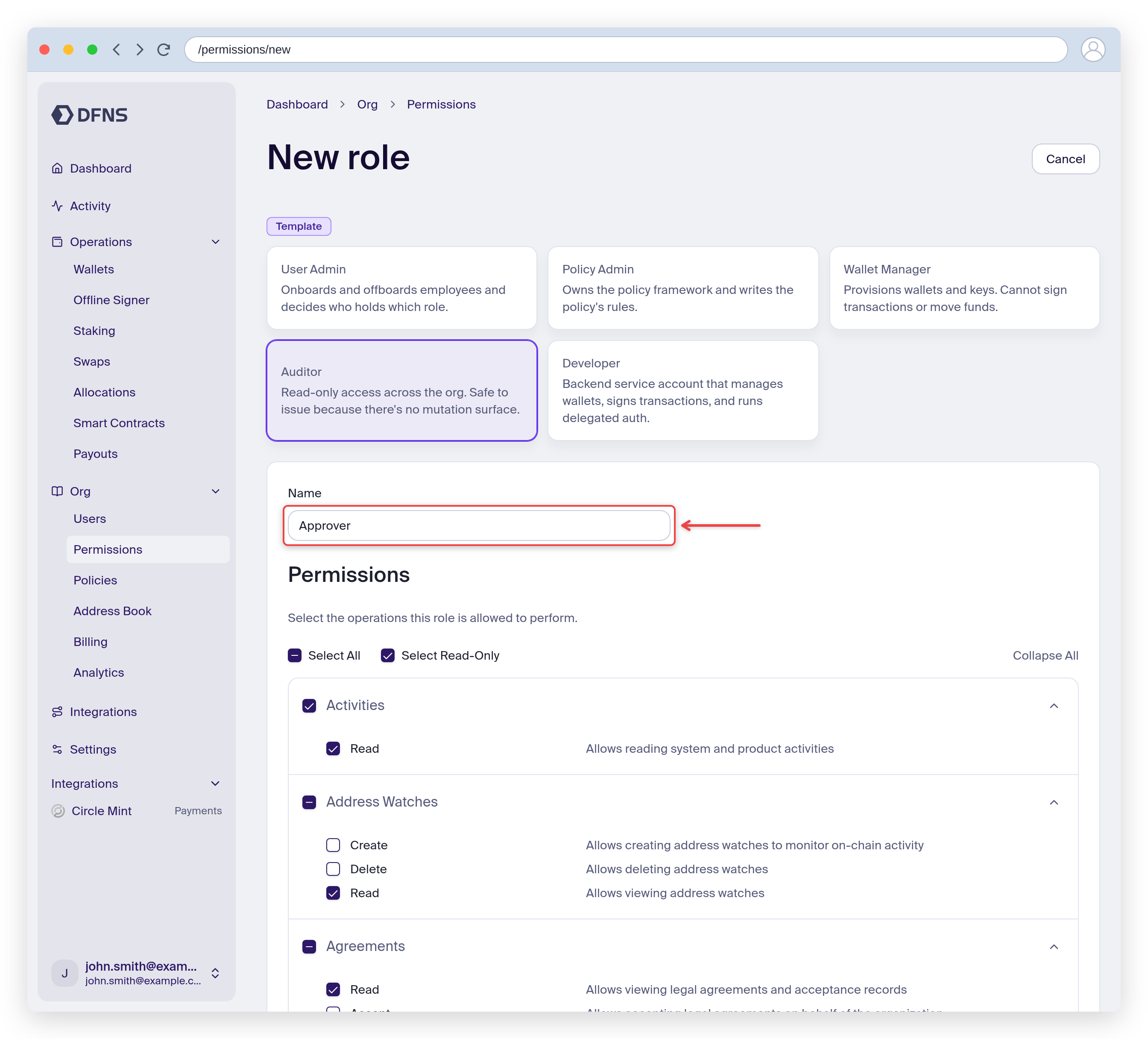 New role form named Approver with read-only permissions selected