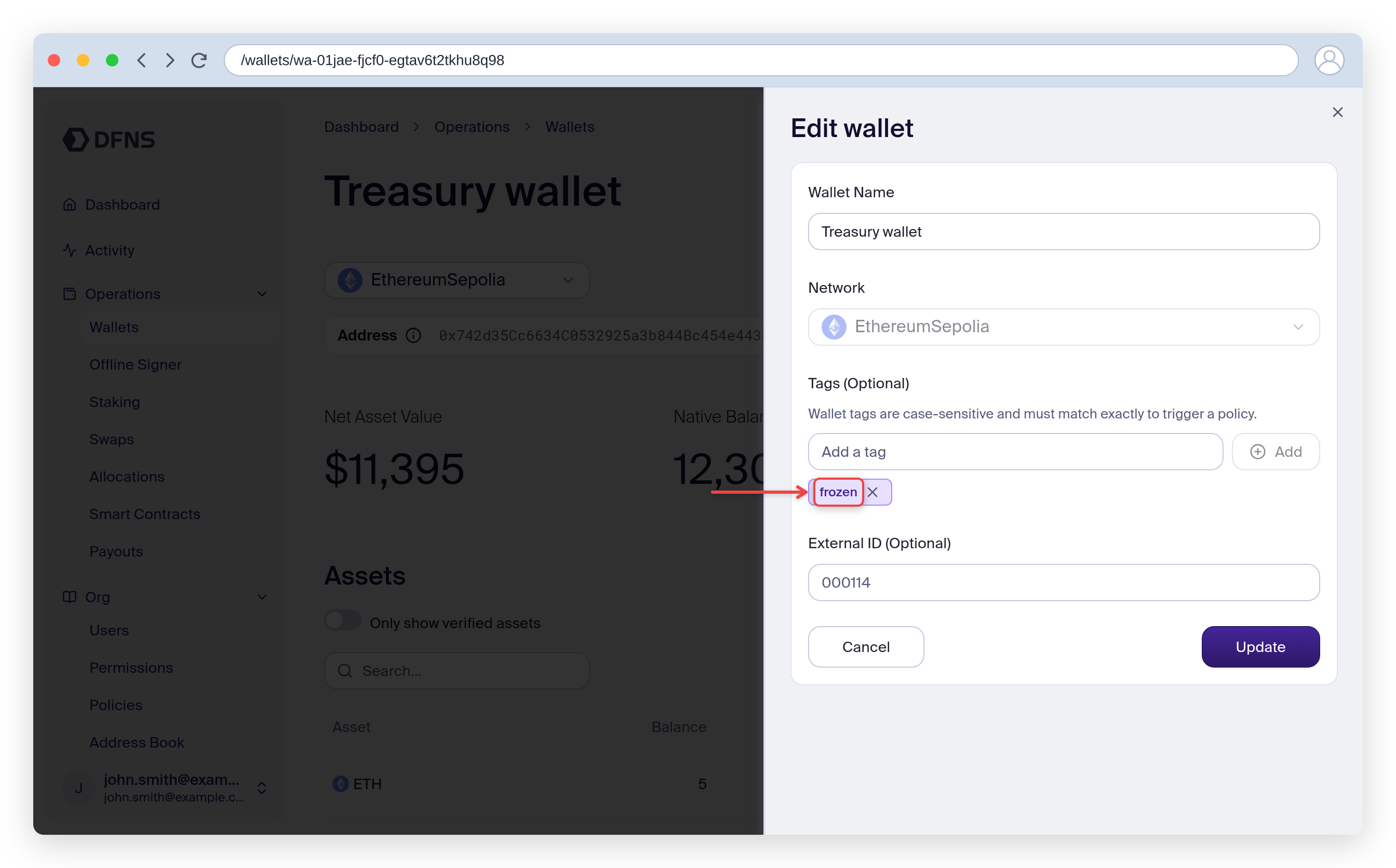 Edit wallet panel with the frozen tag added