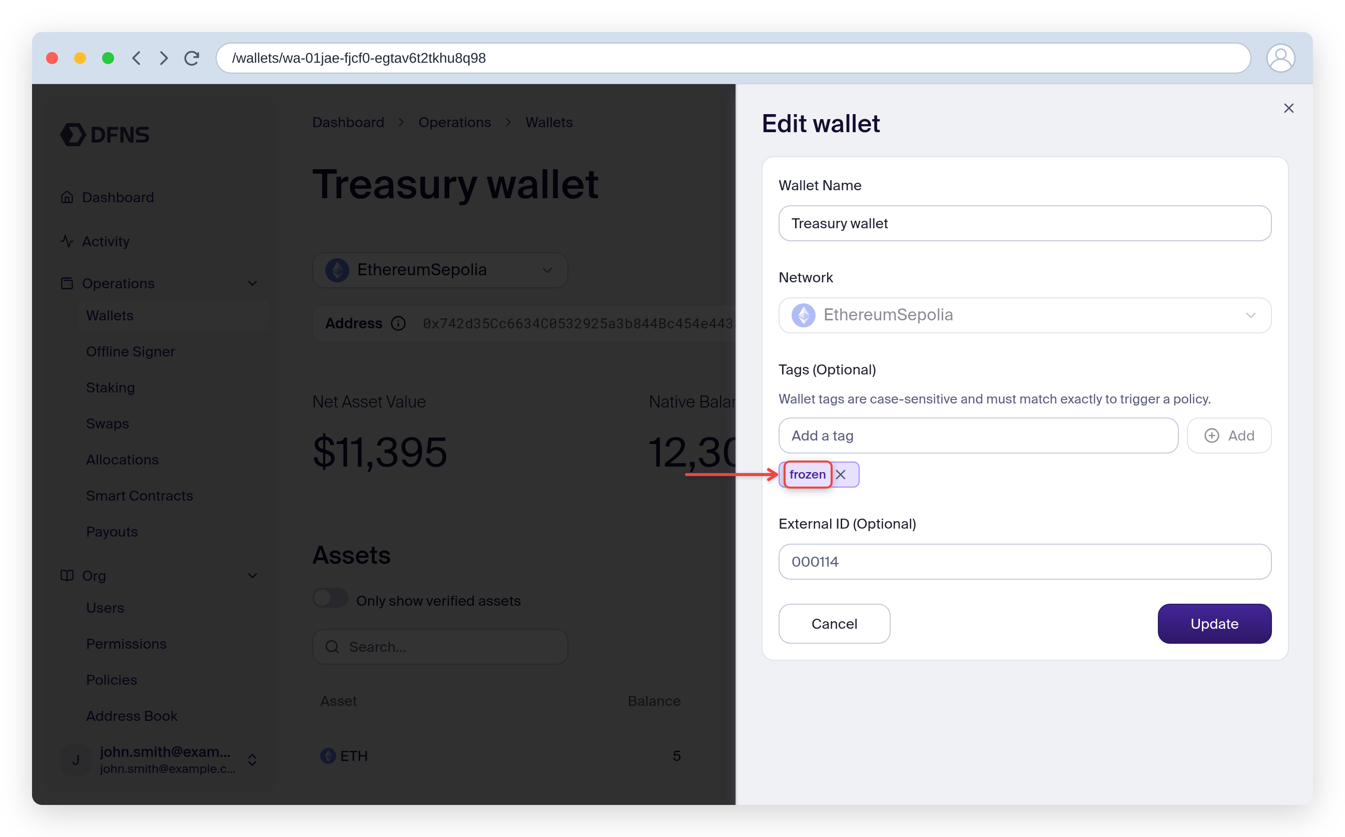 Edit wallet panel with the frozen tag added