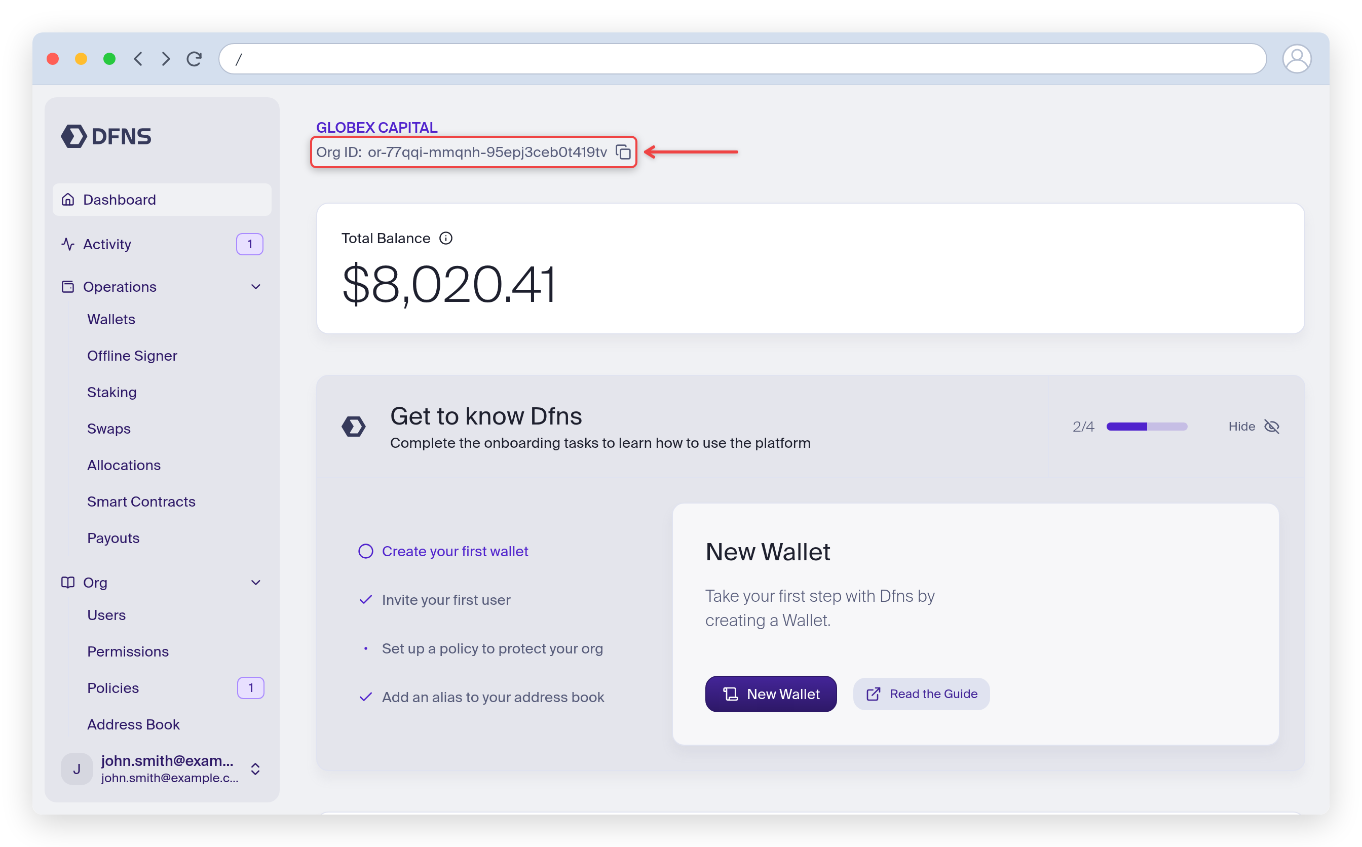 Dashboard homepage with the organization ID highlighted under the organization name
