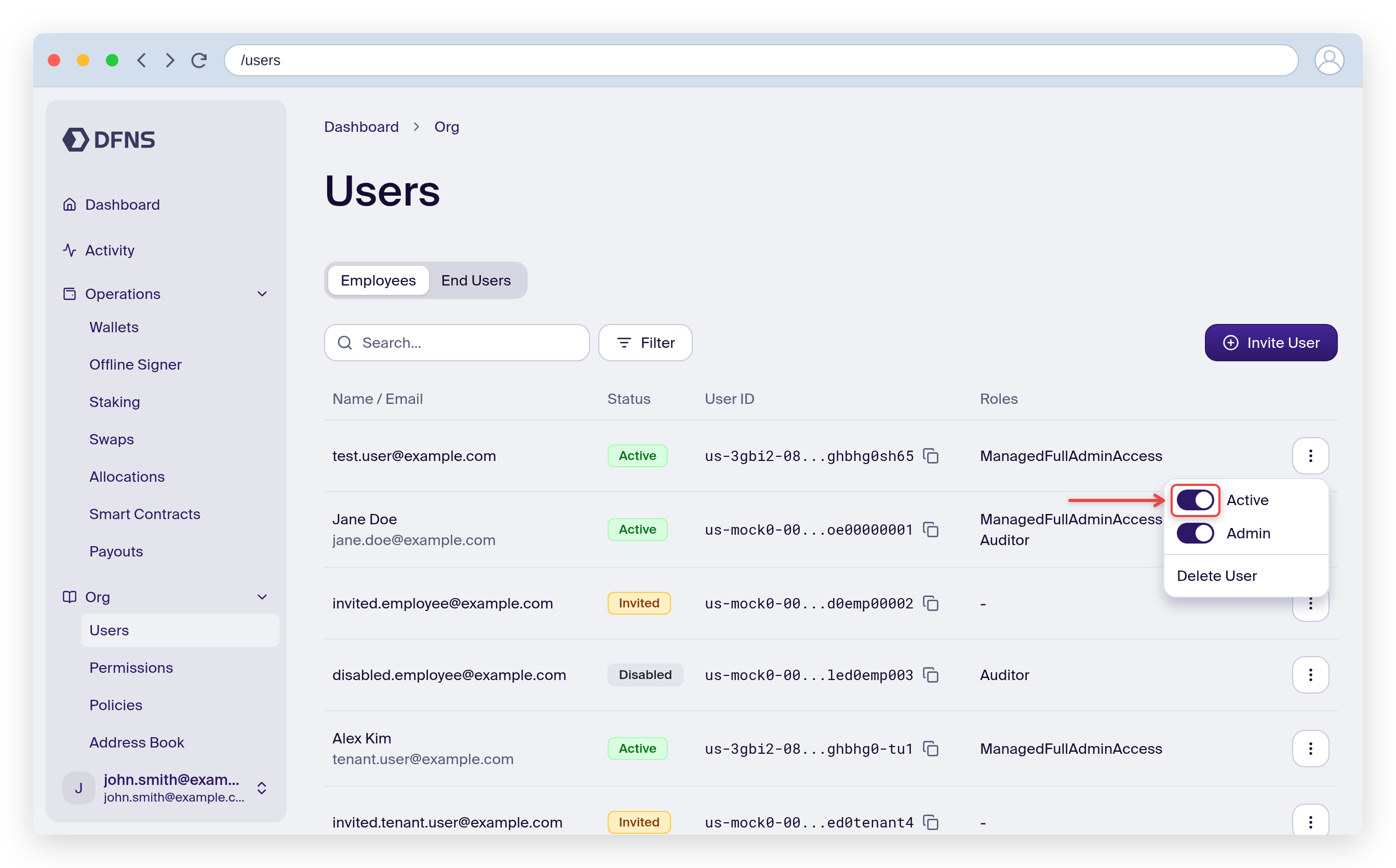User action menu with the Active toggle highlighted