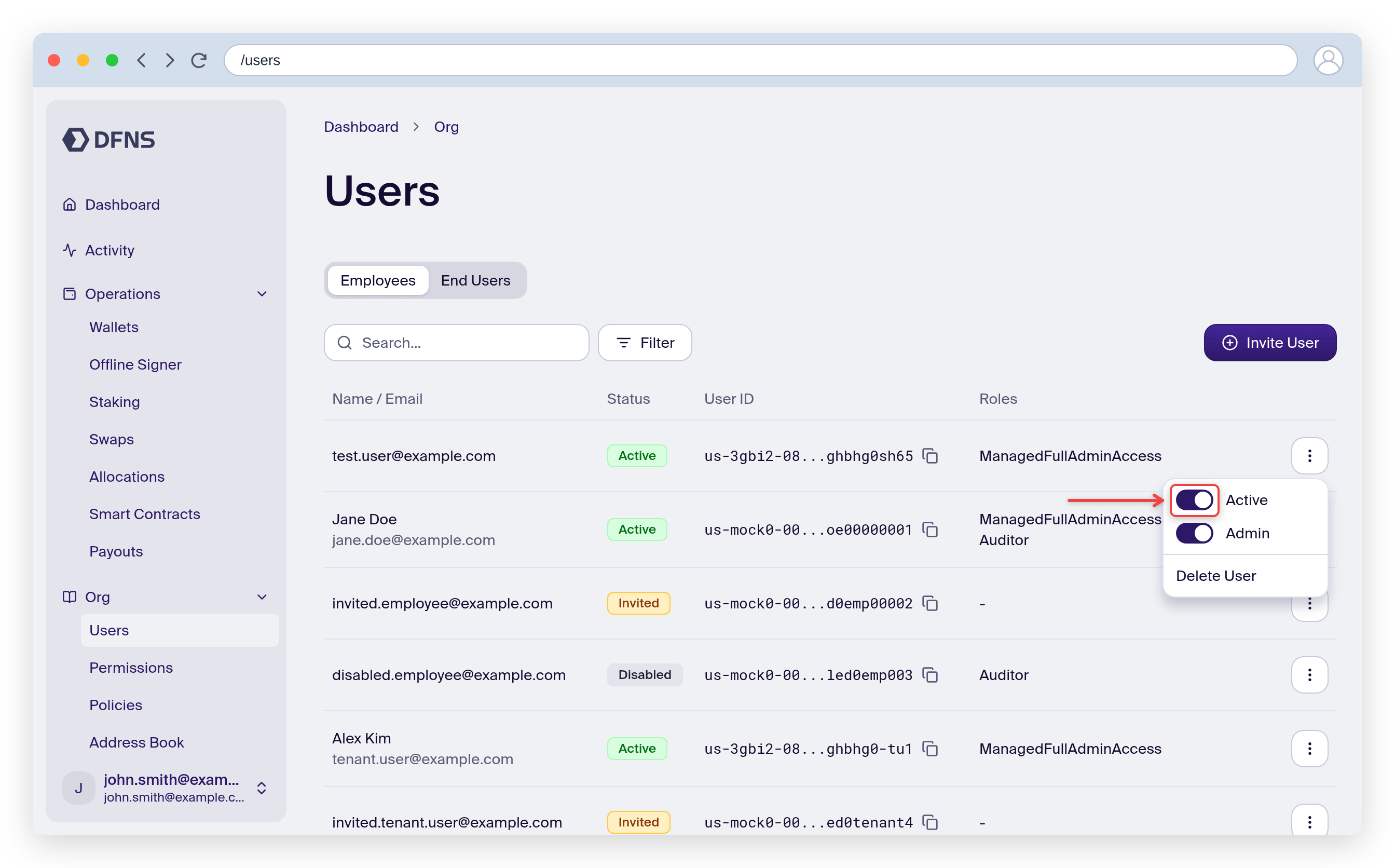 User action menu with the Active toggle highlighted