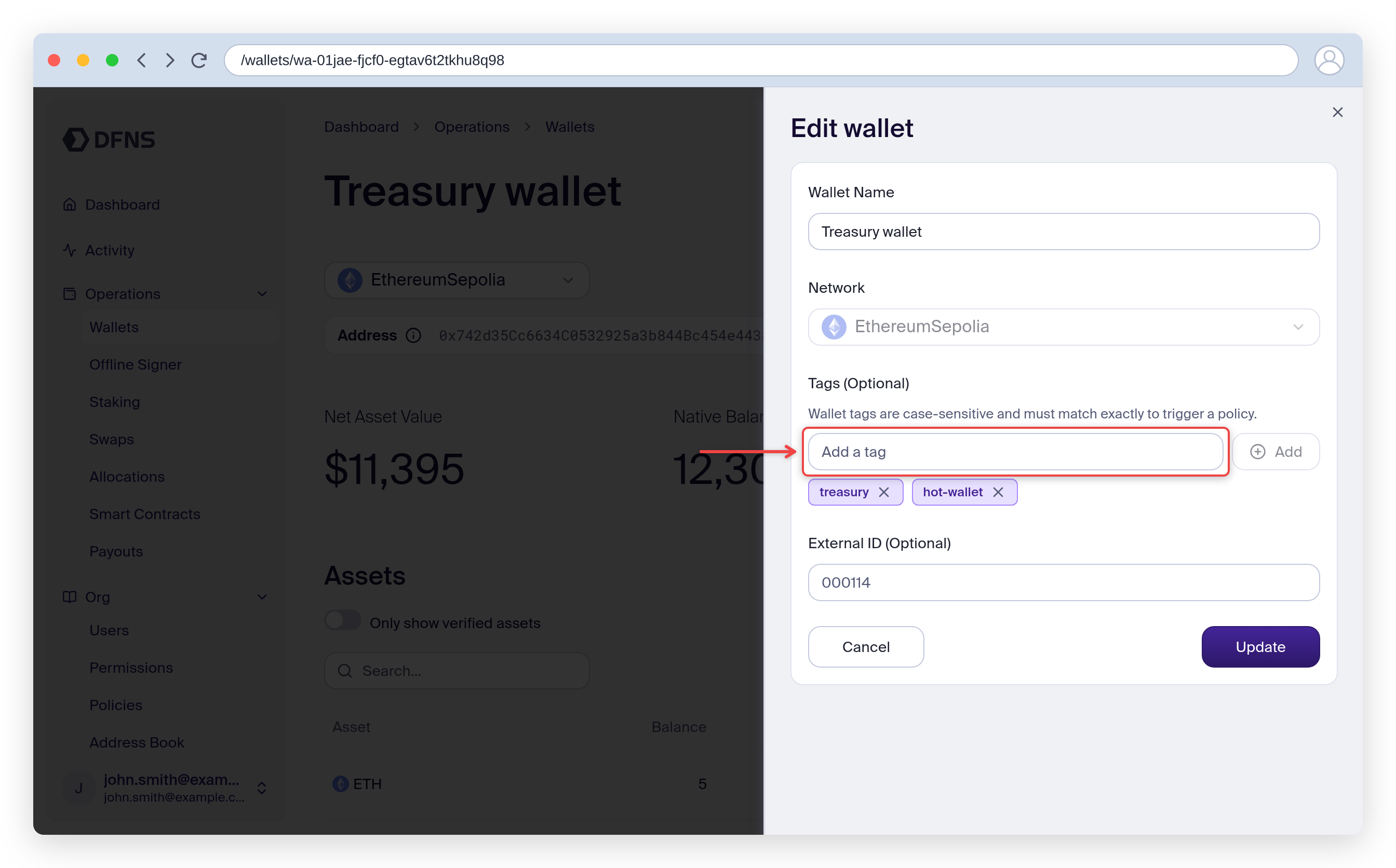 Edit wallet panel with the name and tags fields