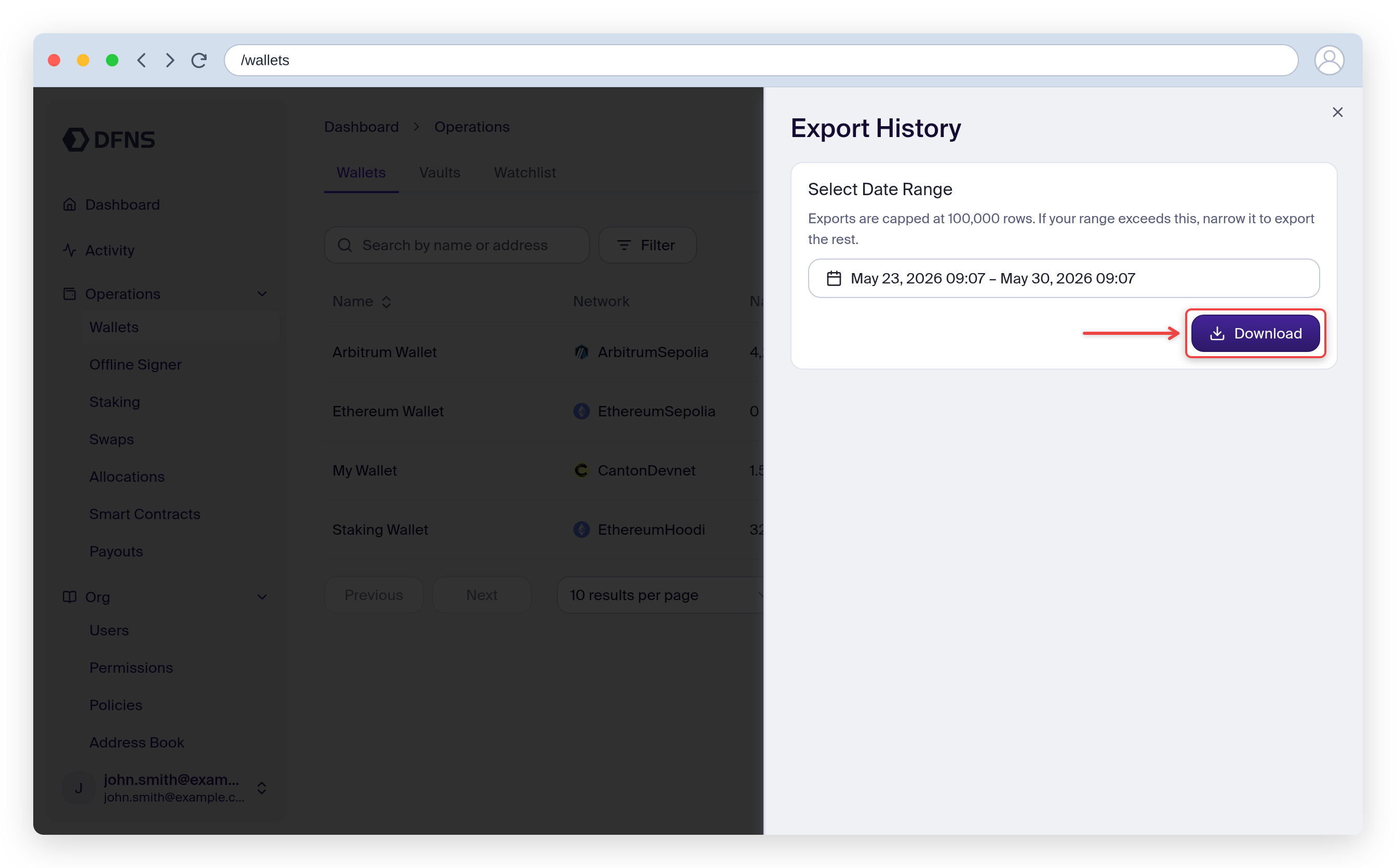 Export History panel with a date range and the Download button