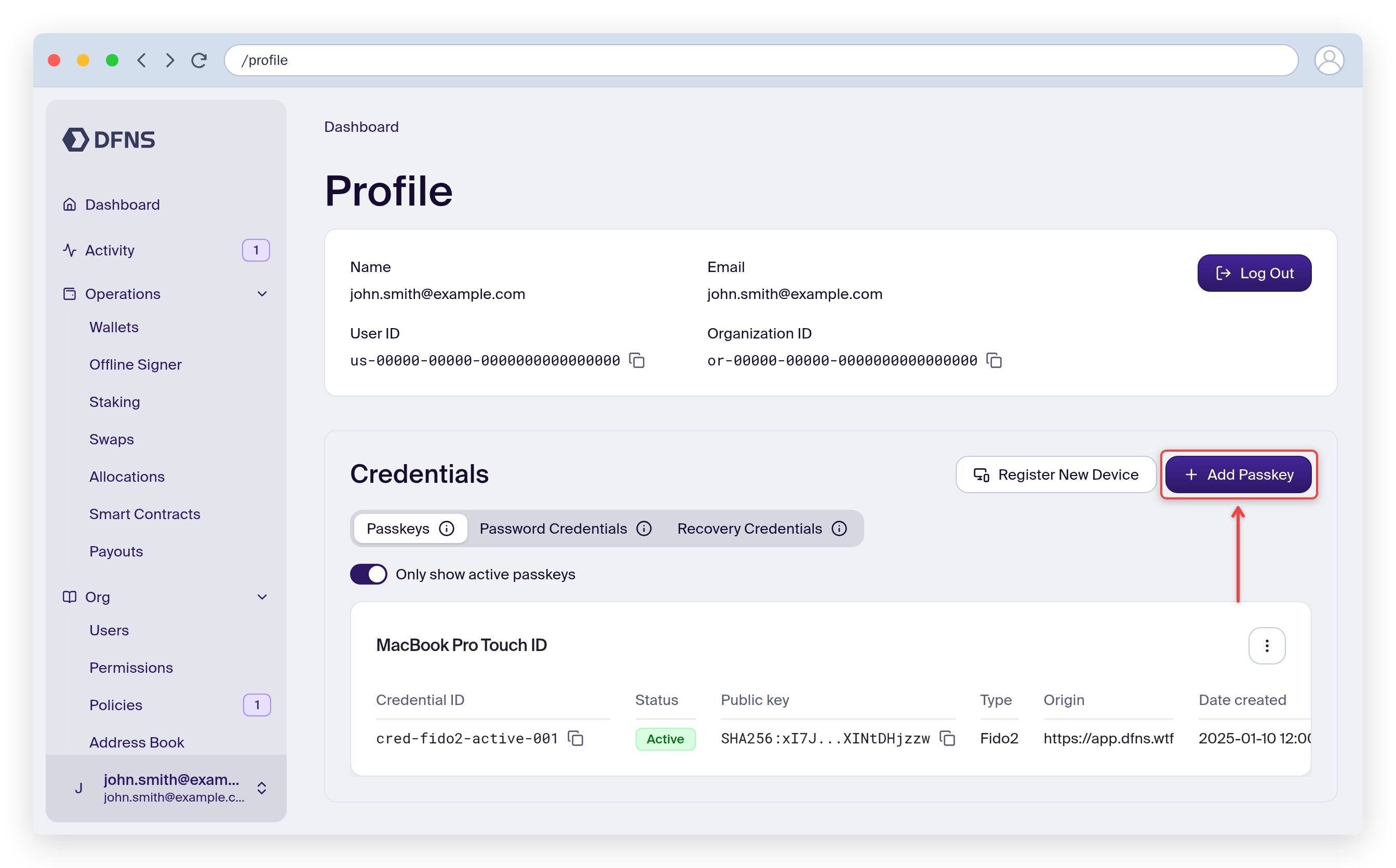 Profile page Passkeys tab listing existing credentials, with the Add passkey button highlighted
