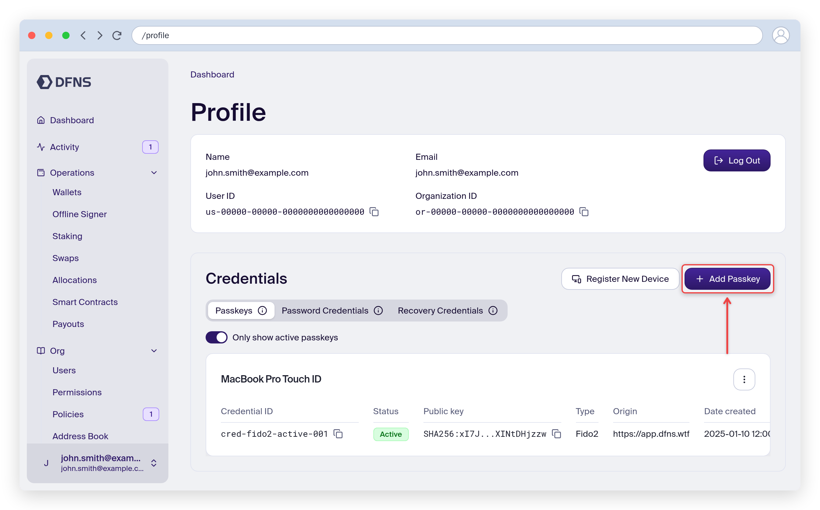 Profile page Passkeys tab listing existing credentials, with the Add passkey button highlighted