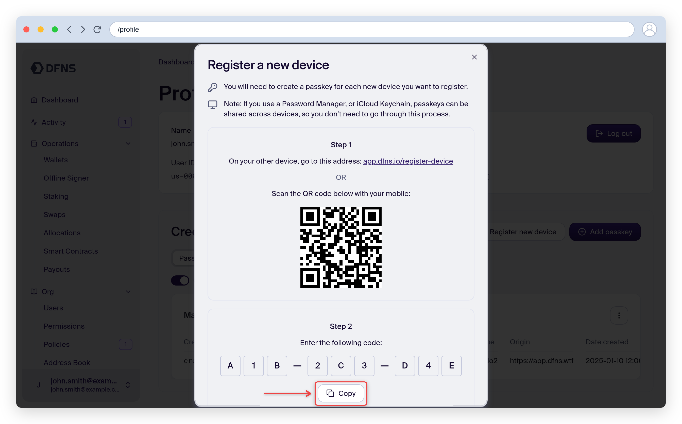 Register a new device dialog showing a QR code and the 9-character credential code