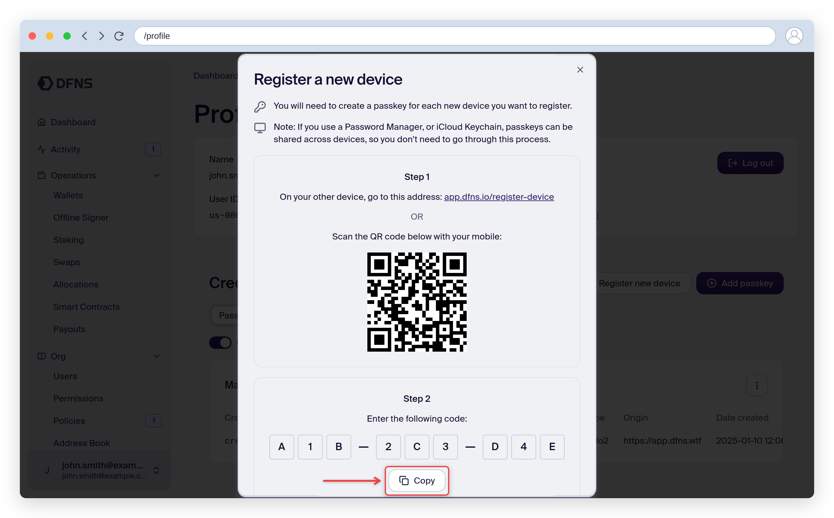 Register a new device dialog showing a QR code and the 9-character credential code