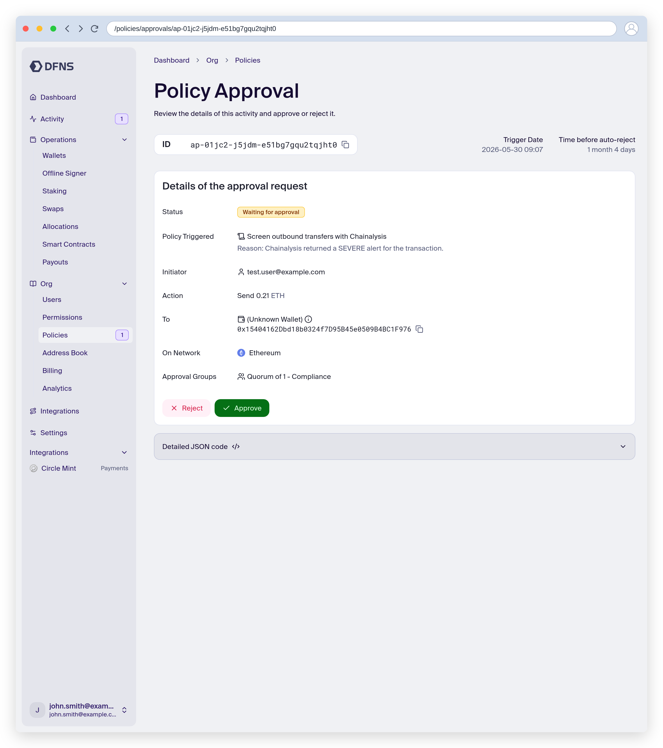 Pending policy approval triggered by a Chainalysis alert