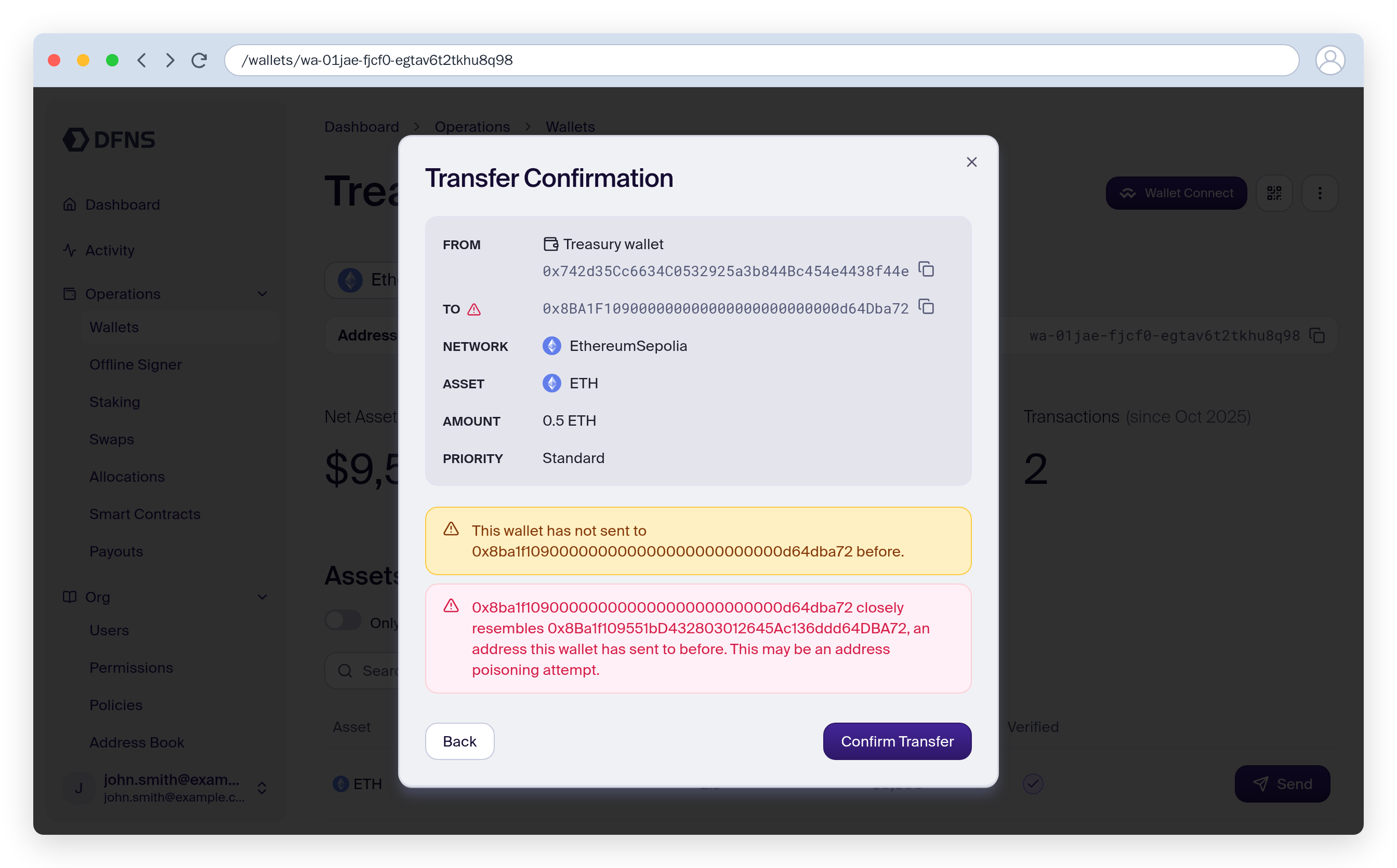 Transfer confirmation showing a red address poisoning warning and a yellow new counterparty notice