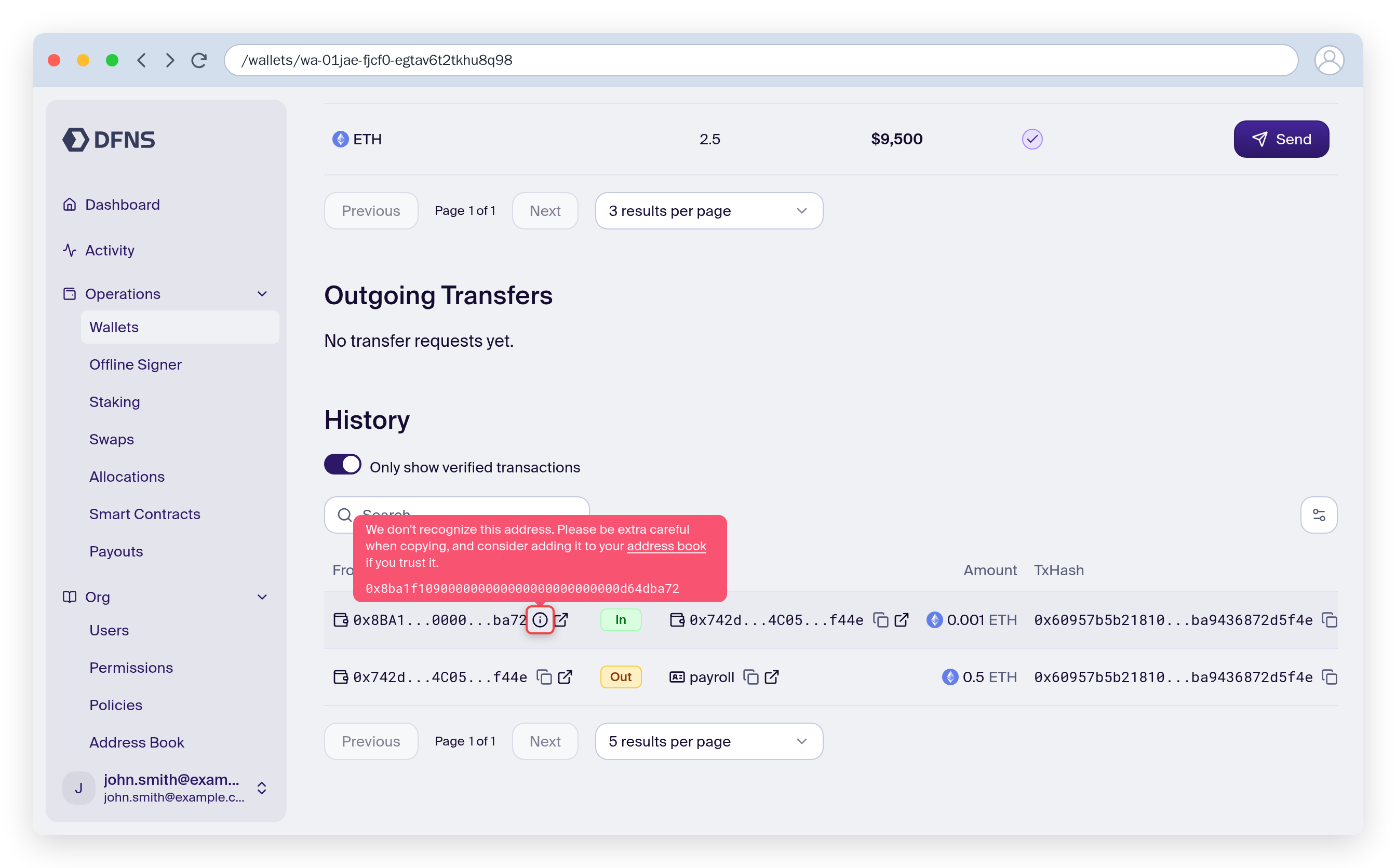 Wallet history where an unrecognized lookalike sender carries a red warning tooltip