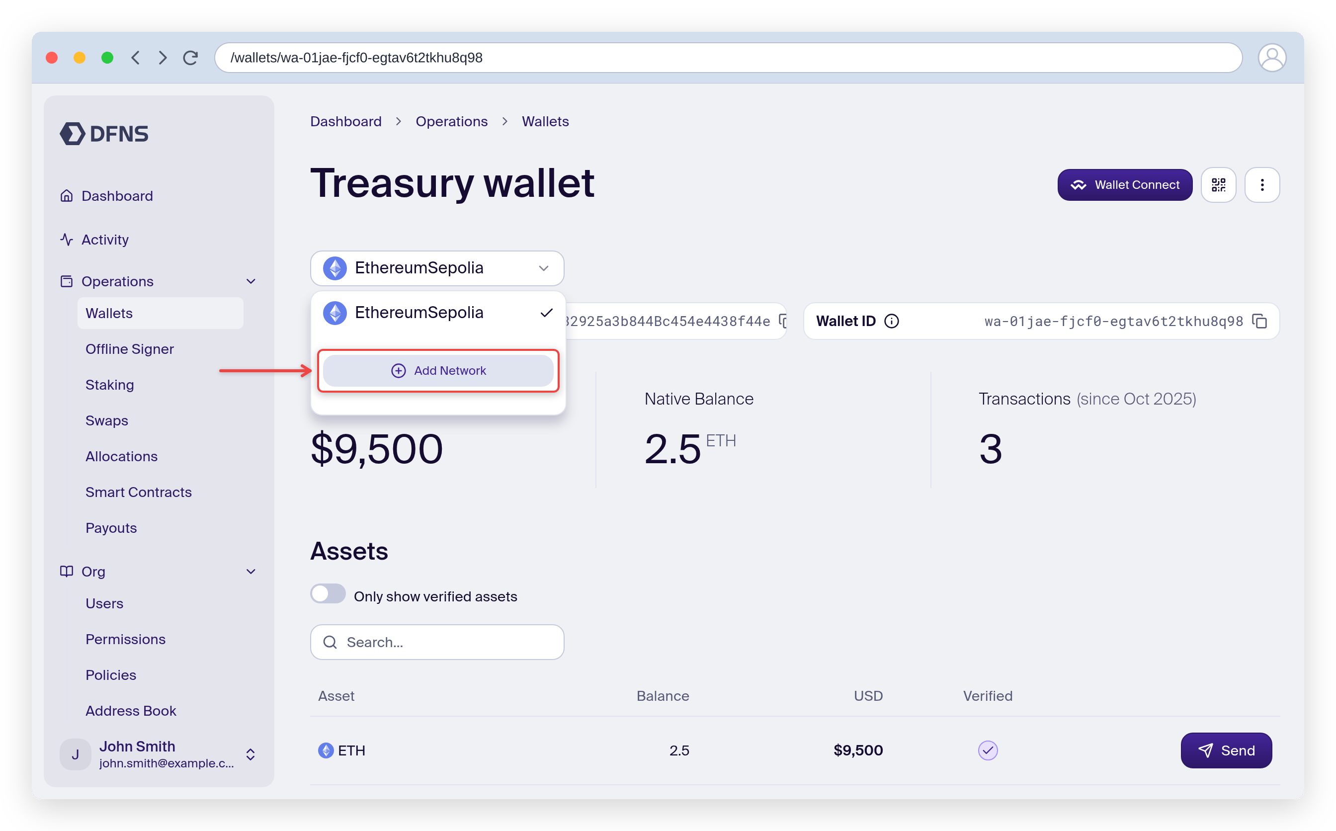 Wallet network selector with the Add Network option