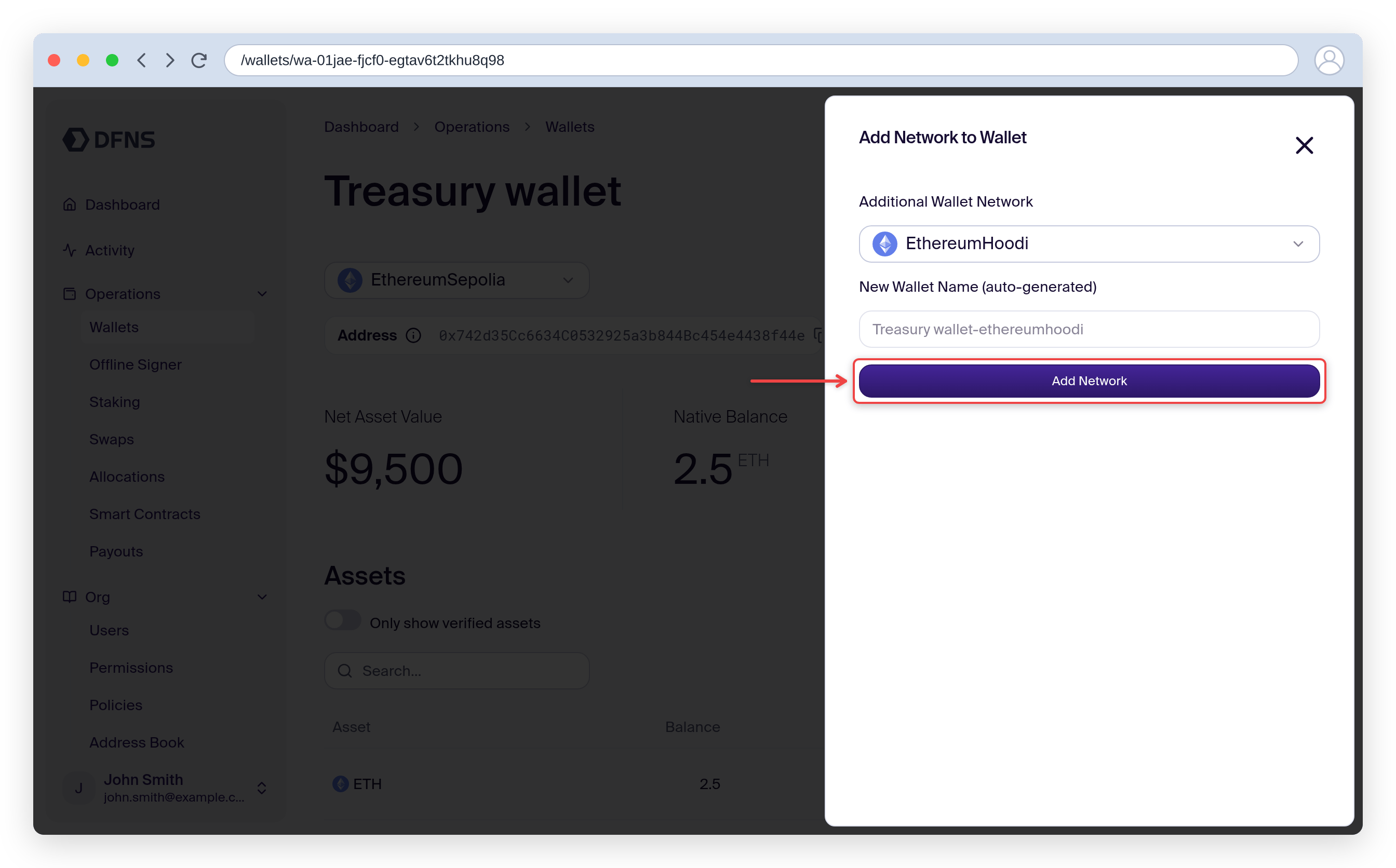 Add Network to Wallet slideout with a target network selected and Add Network highlighted