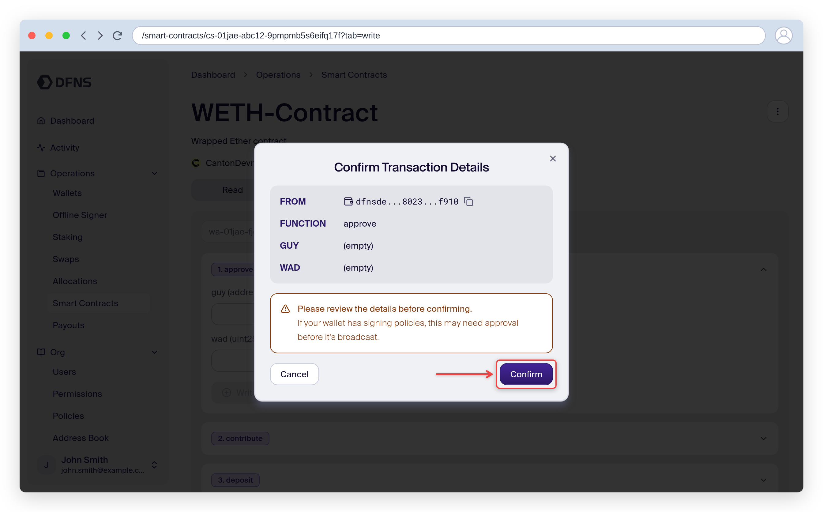 Write tab transaction confirmation dialog with the Confirm button