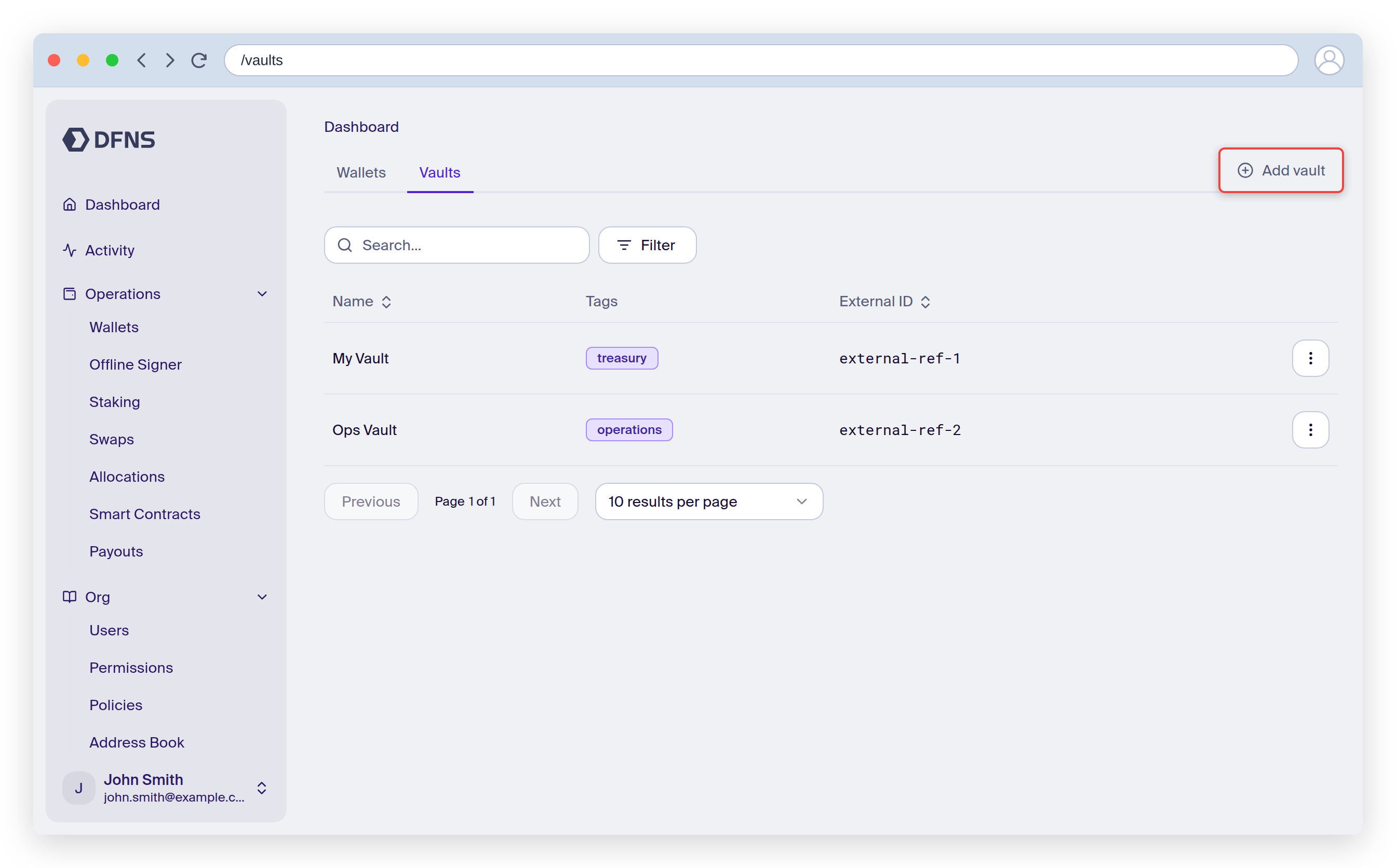 Vaults list with the Add vault button highlighted