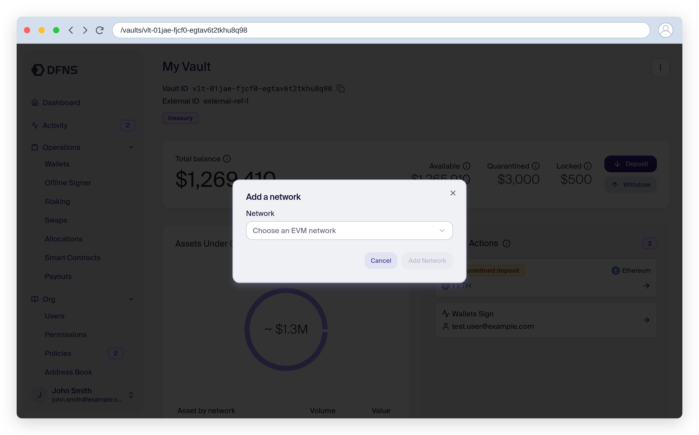 Add a network dialog with the EVM network selector