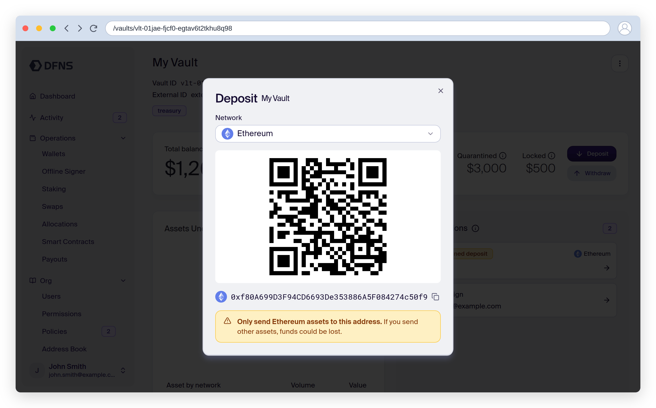 Vault deposit dialog showing the Ethereum address and its QR code