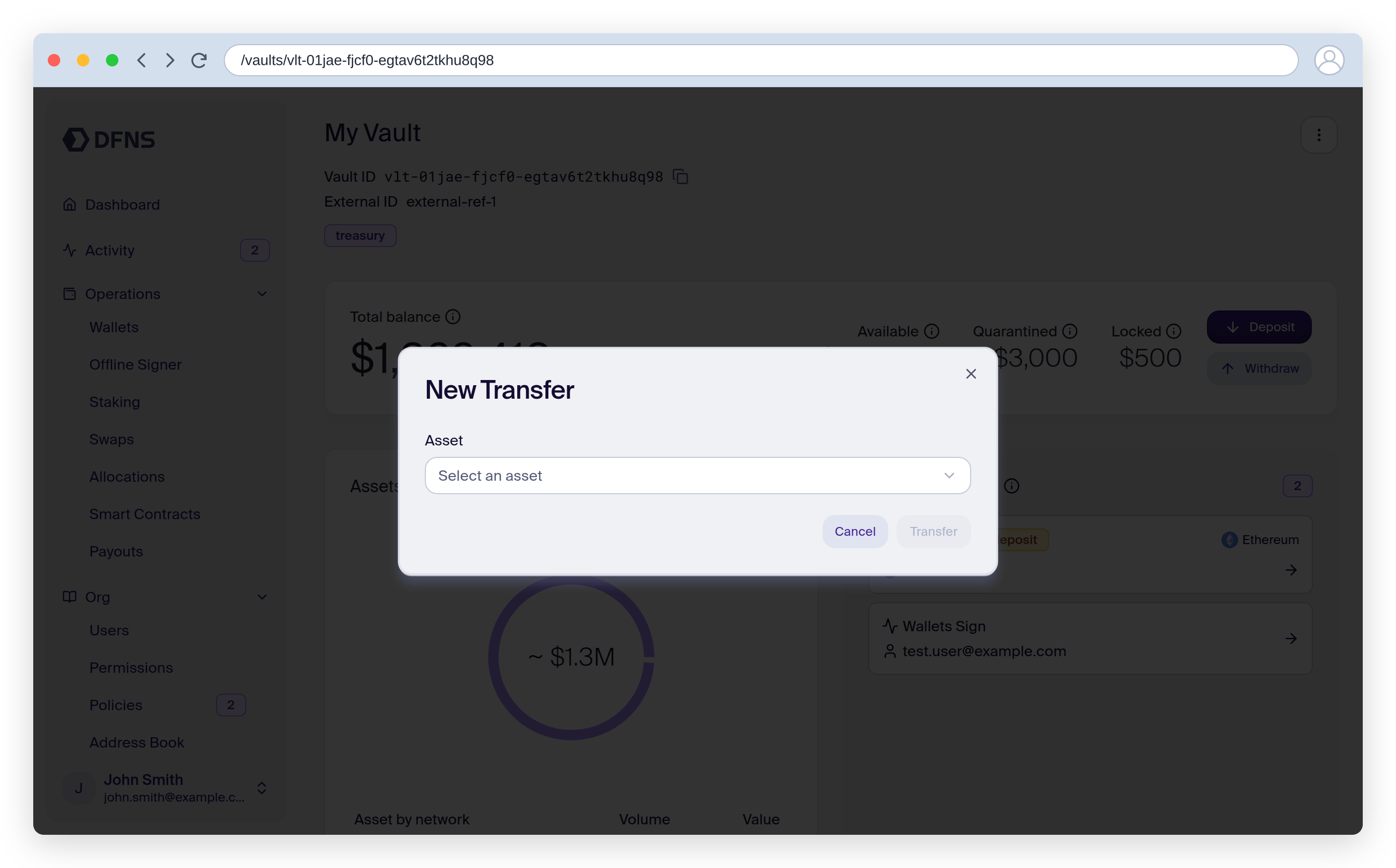 Vault transfer dialog for sending a funded asset out of the vault