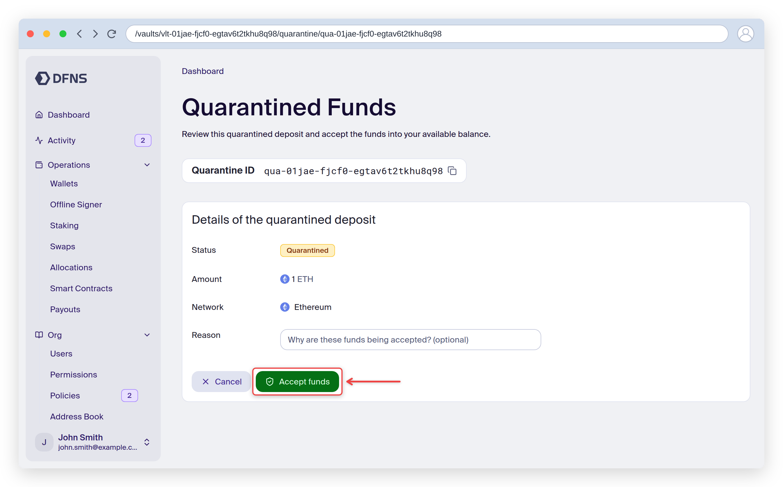 Quarantined funds detail page with the Accept funds button highlighted