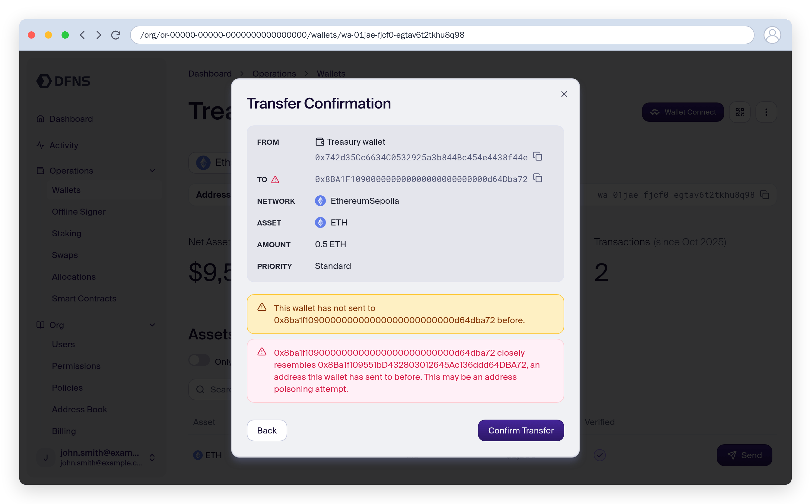 Transfer confirmation showing a red address poisoning warning and a yellow new counterparty notice