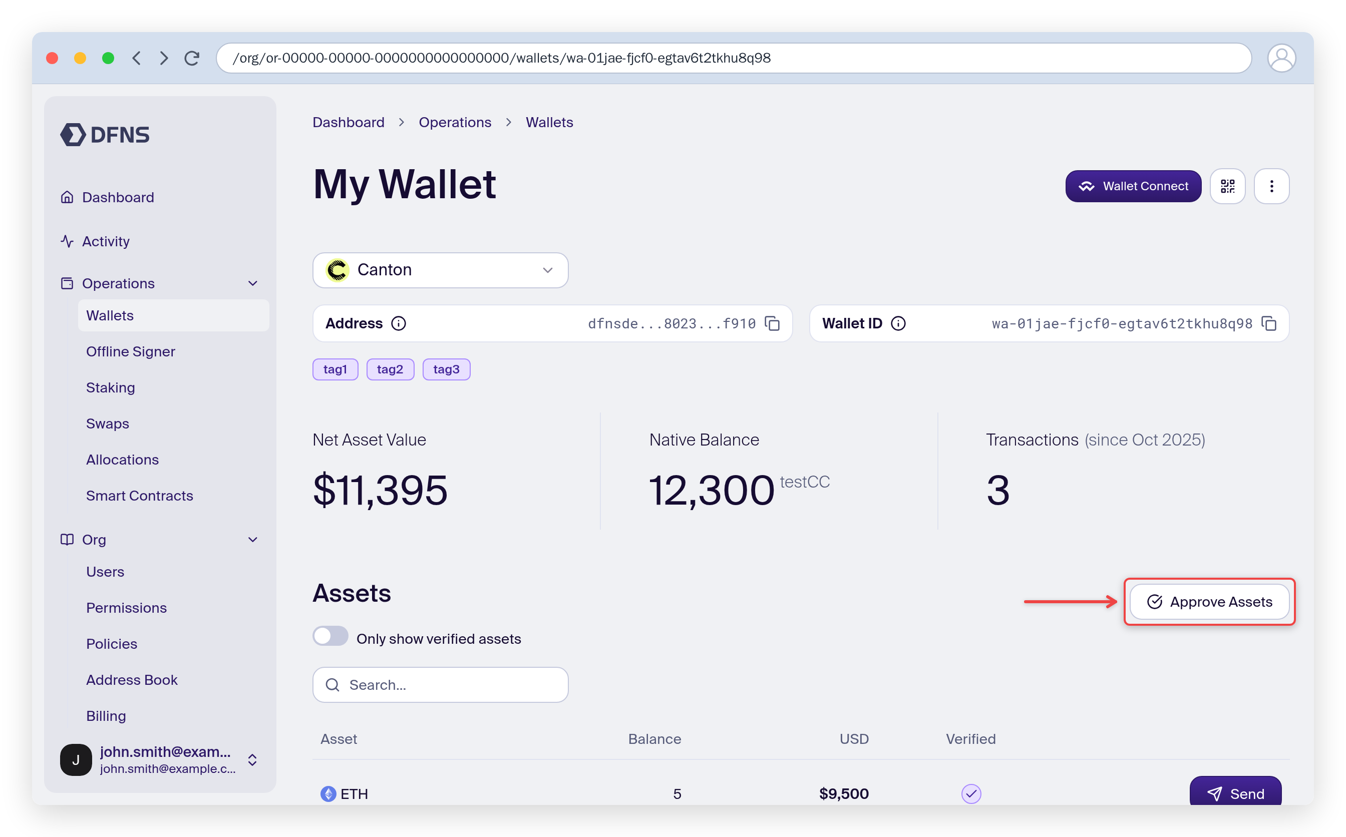 Canton wallet page with the Approve Assets button highlighted