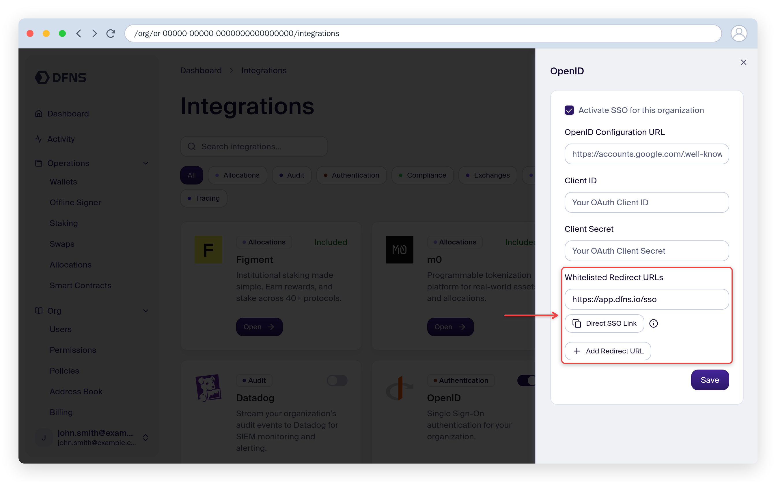 SSO configuration with Activate SSO checked and the Redirect URL highlighted