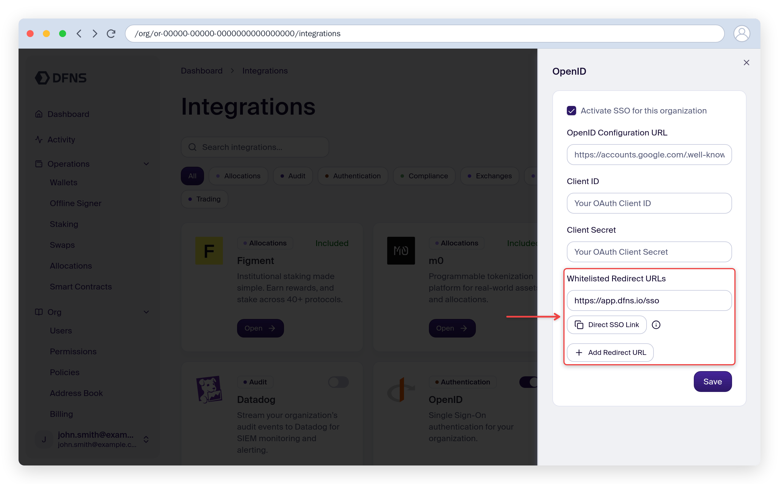 SSO configuration with Activate SSO checked and the Redirect URL highlighted