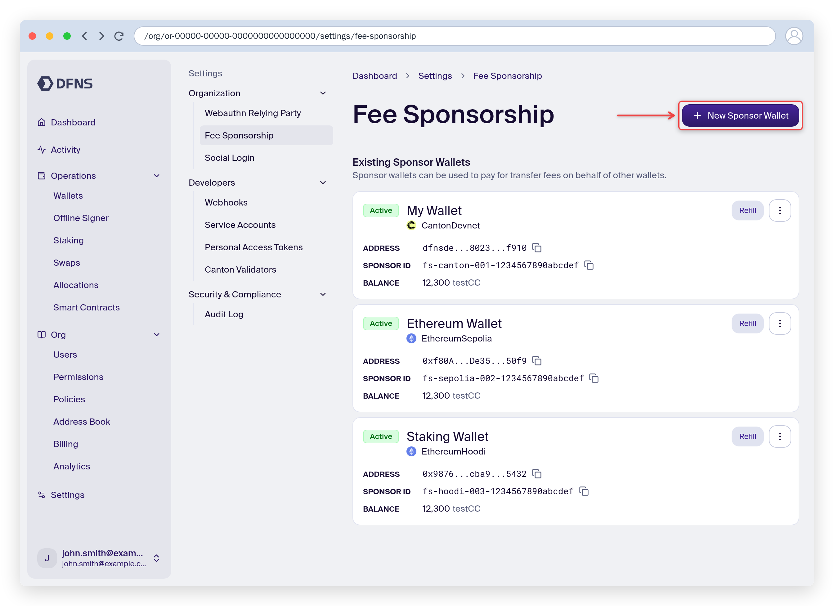 Fee sponsor wallets list with the New Sponsor Wallet button highlighted