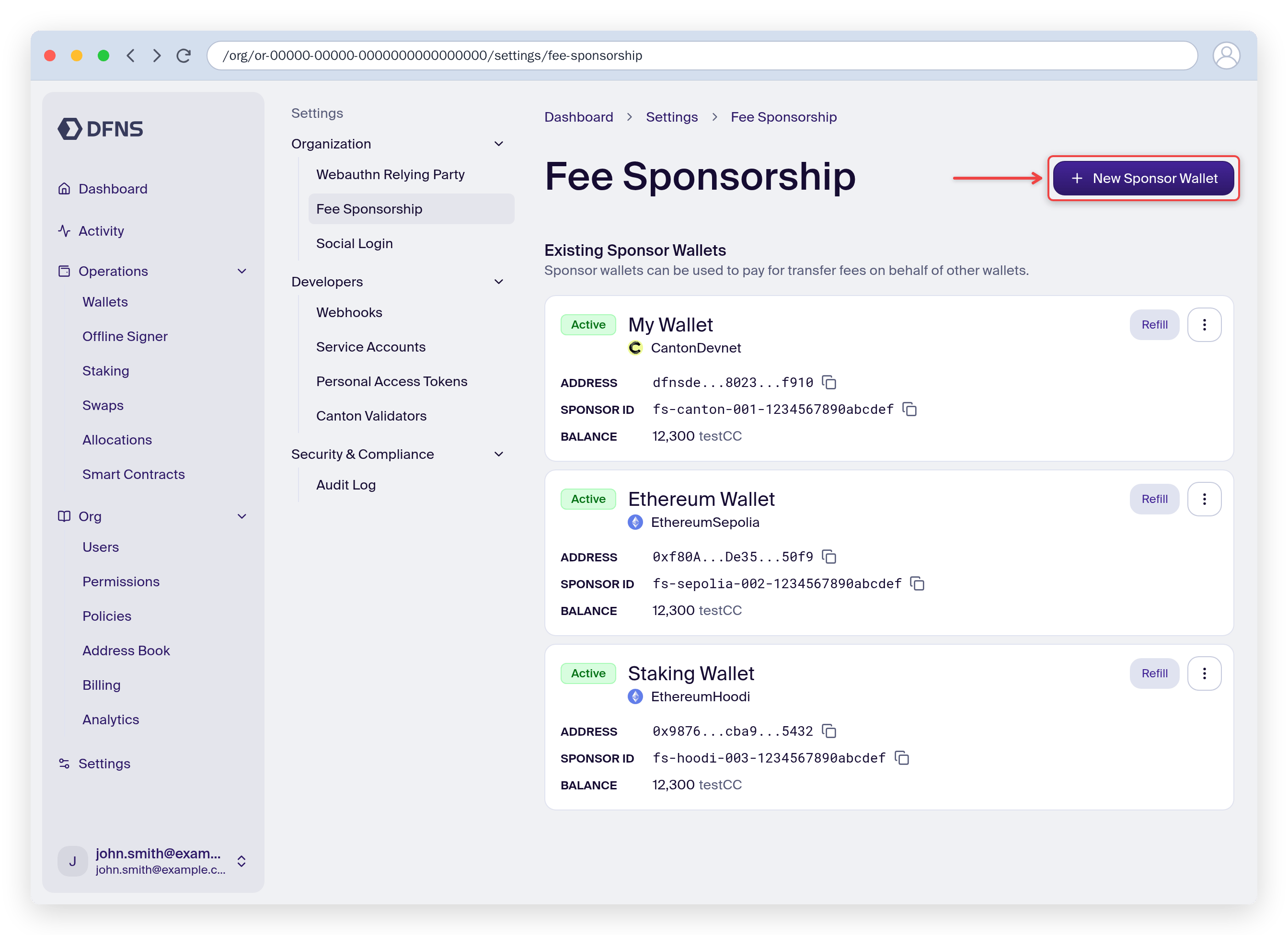 Fee sponsor wallets list with the New Sponsor Wallet button highlighted