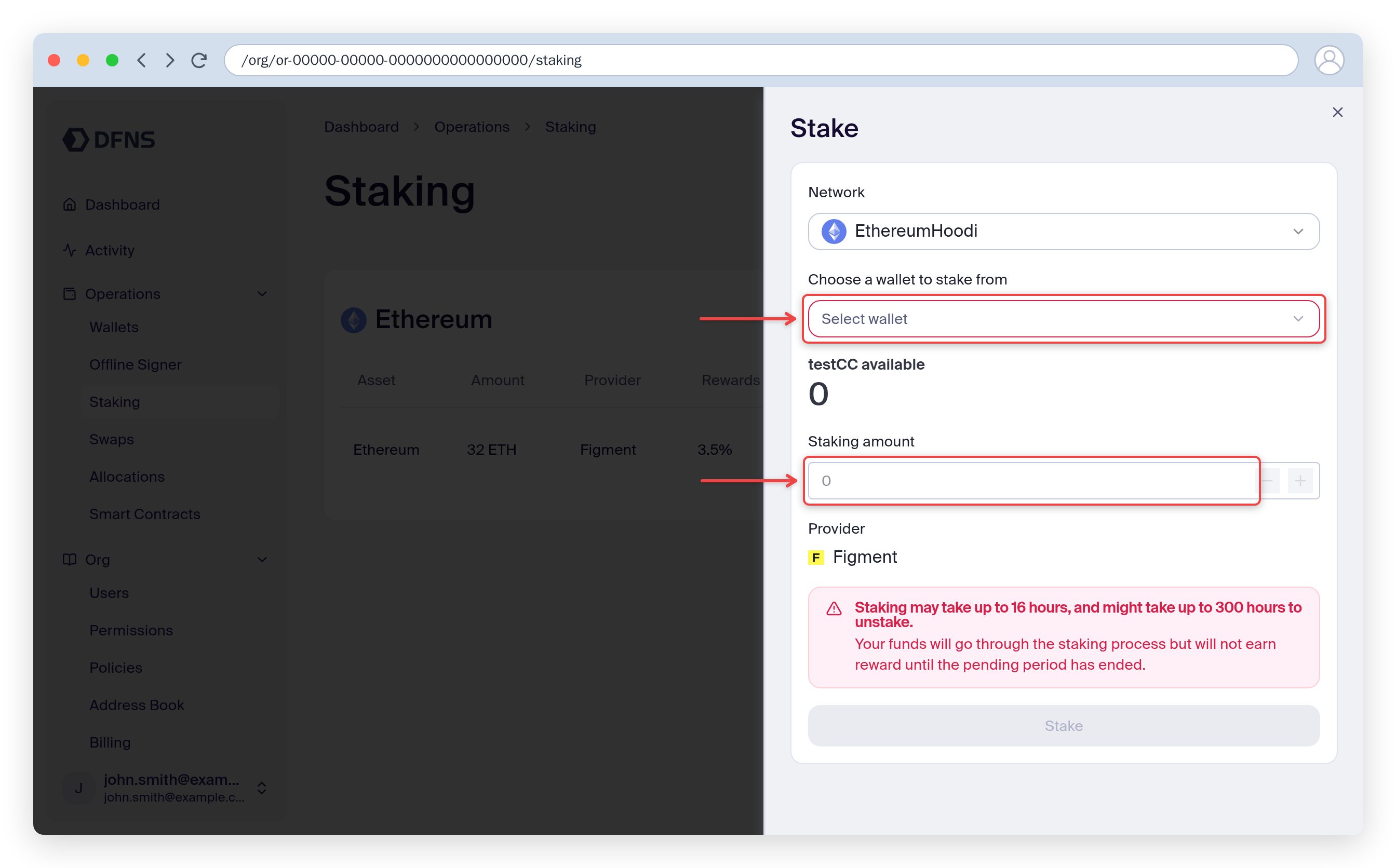 Create-stake form with the network, wallet, and amount fields