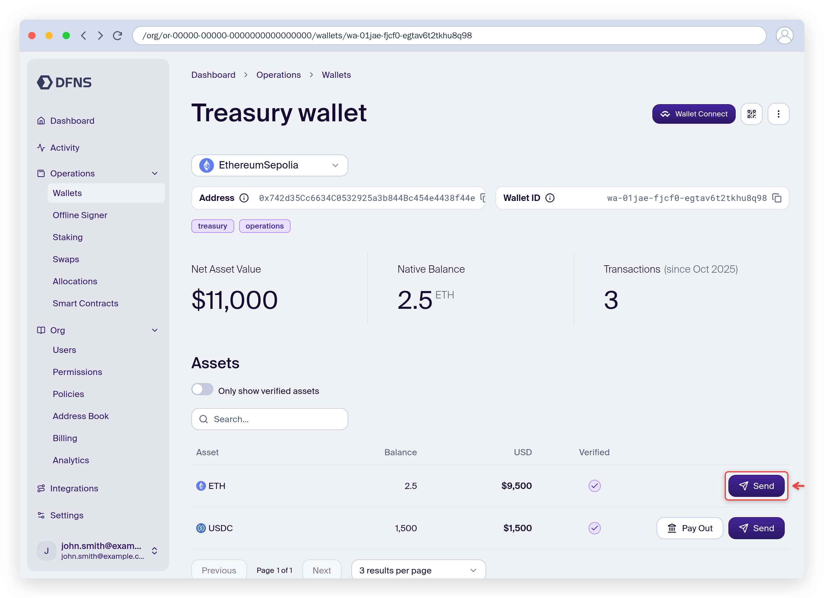Wallet detail page with the asset Send button highlighted