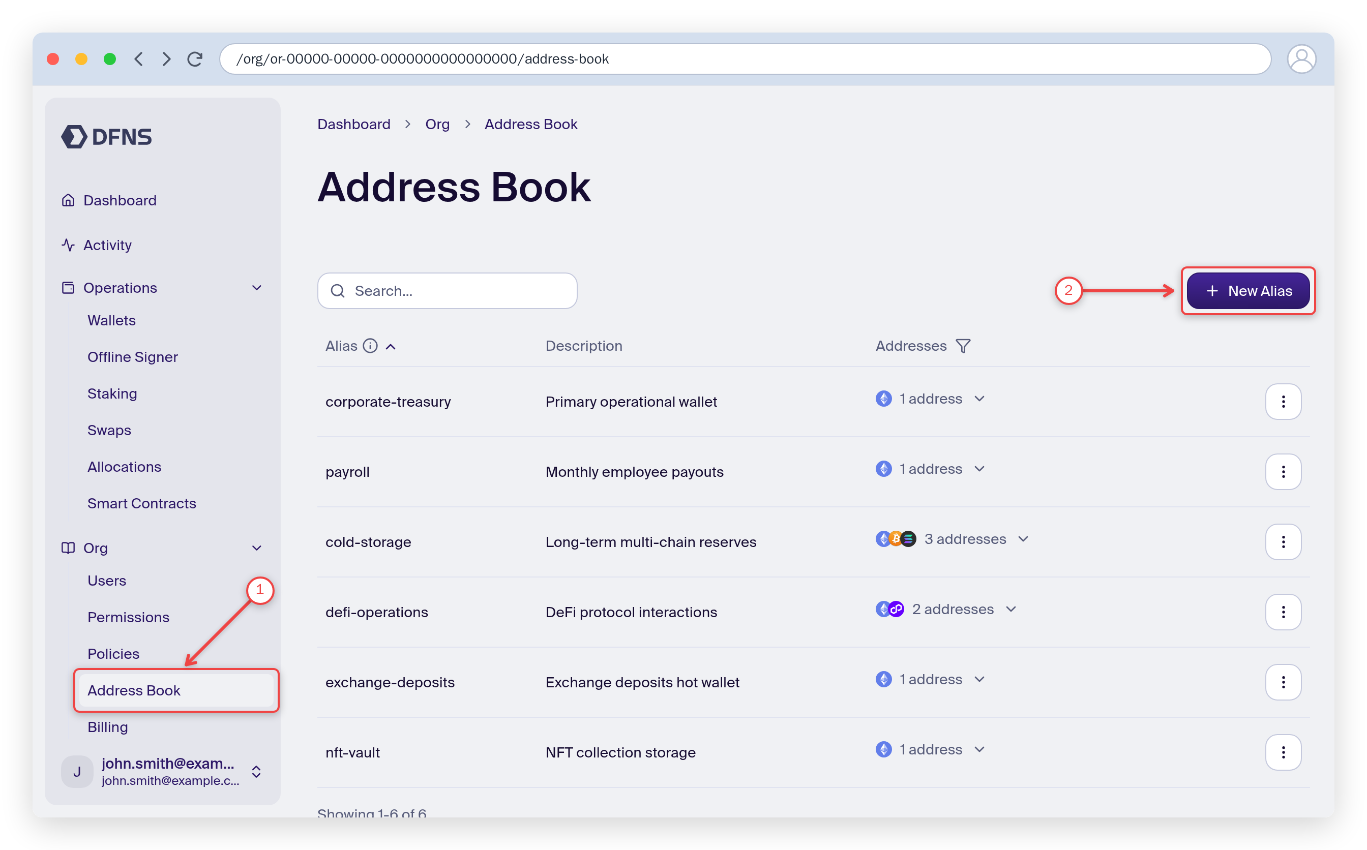 Address Book page with the sidebar entry and the Create Alias button highlighted
